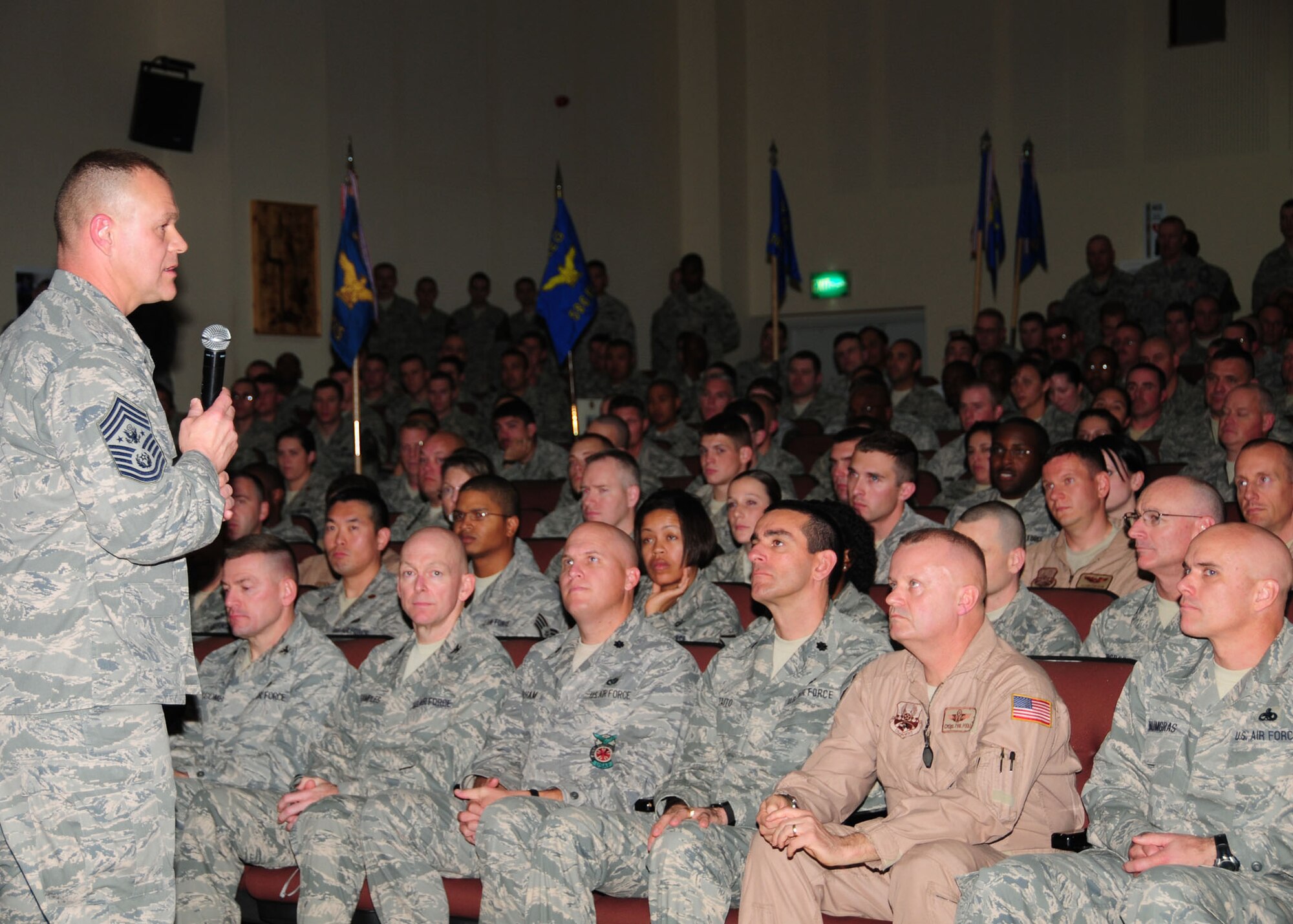 SOUTHWEST ASIA -- Chief Master Sgt. of the Air Force James Roy speaks to members from the 386th Air Expeditionary Wing at an air base in Southwest Asia Dec. 2, 2009.  (U.S. Air Force photo/Tech. Sgt. Tony Tolley)