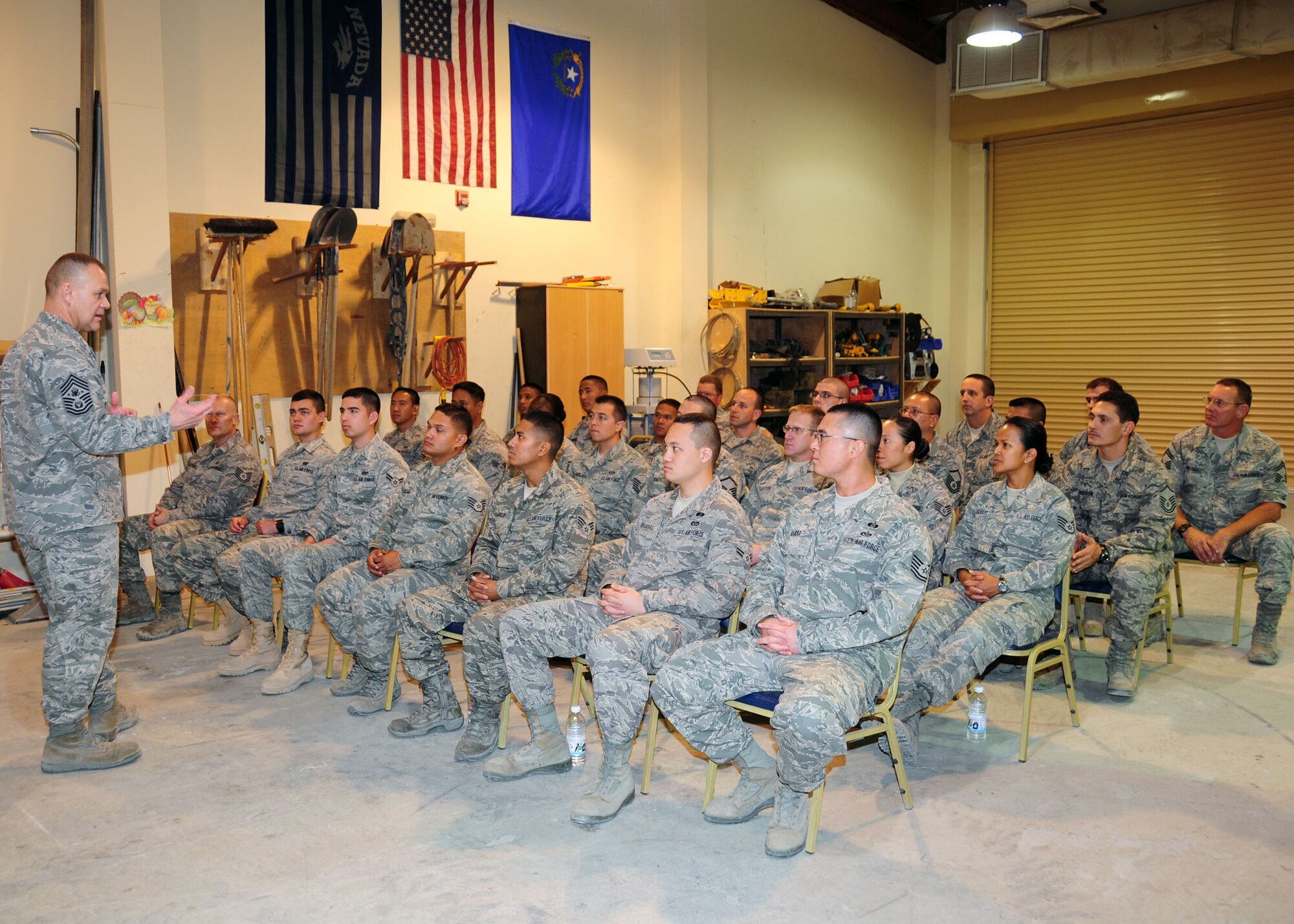 SOUTHWEST ASIA -- Chief Master Sgt. of the Air Force James Roy speaks to members from the 386th Expeditionary Civil Engineer Squadron at an air base in Southwest Asia Dec. 2, 2009.  (U.S. Air Force photo/Tech. Sgt. Tony Tolley)