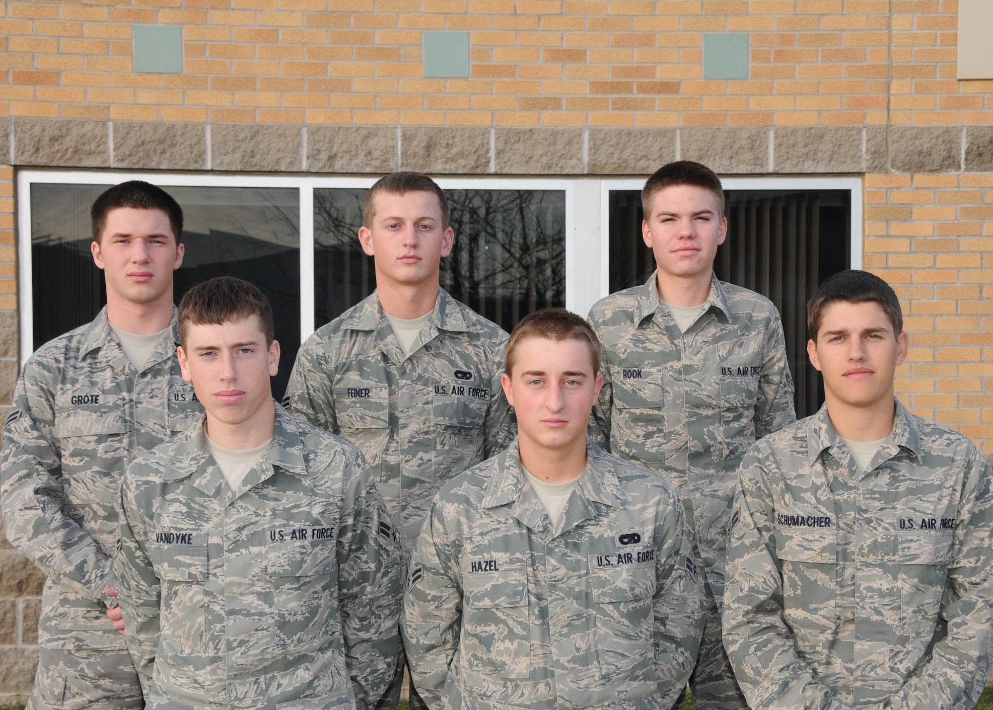 Top left to right: Airman 1st Class Taylor Grote, Adam Feiner, Devon Rook, Benjamin VanDyke, Jordan Hazel, Jerid Schumacher, participated in the "Student Flight Program" before their Air Force basic training. They have now graduated and are on their weekend drill duty, December 05, 2009.
Official Air Force Photo by: TSGT. Oscar M. Sanchez
