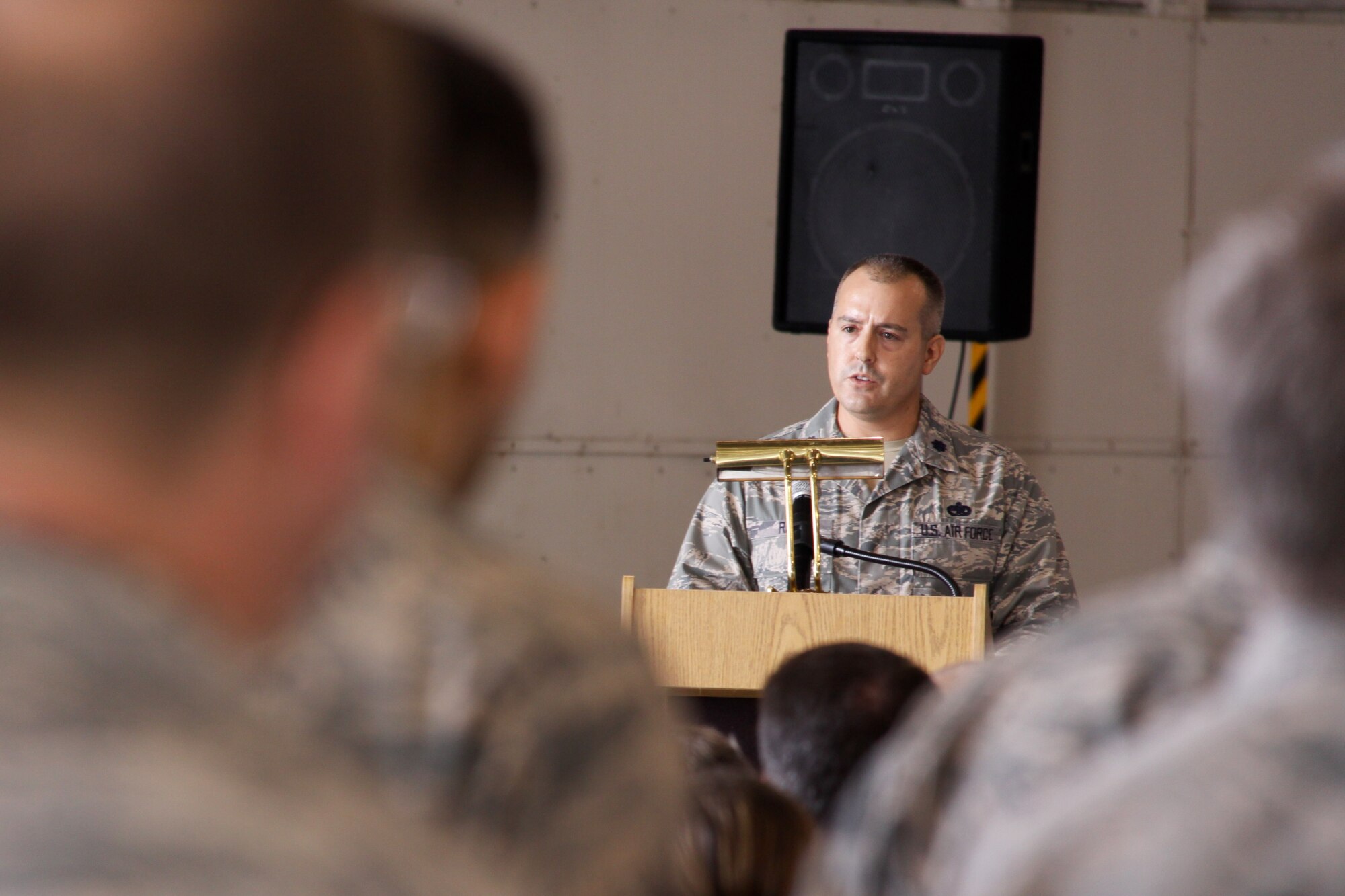 Lt. Col. Michael Reid, commander of the 482nd Maintenance Group, gives a speech on the accomplishments and dedication of service of fallen colleague and friend, Lt. Col. Edmundo Velazquez on Dec. 5, 2009. (U.S. Air Force photo/Tech. Sgt. Lionel Castellano)