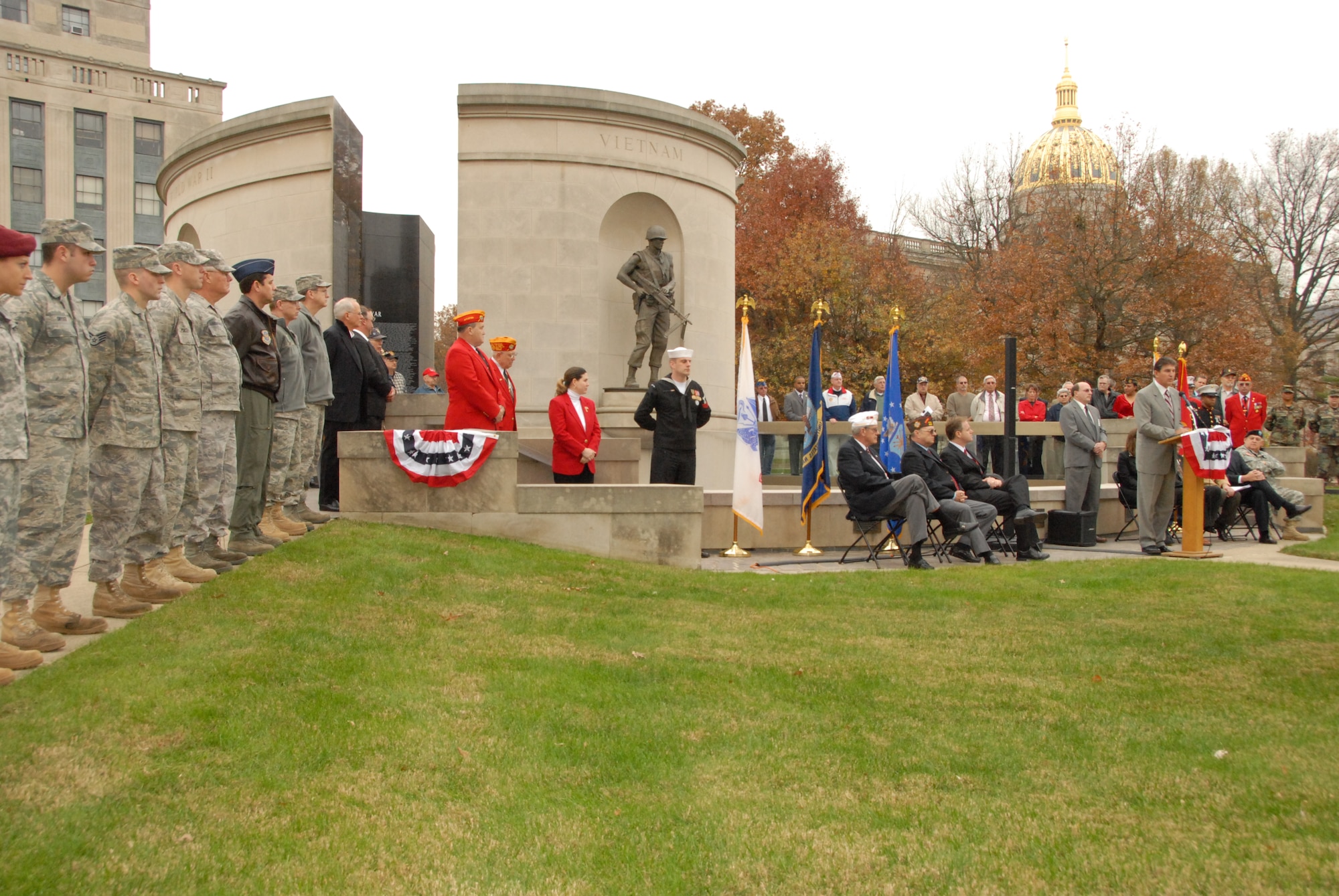 Members of the West Virginia National Guard as well as local veterans listen to Governor Joe Manchin, III, speak at the rededication of the Veterans Memorial, Charleston, W.Va., TUESDAY, Nov. 10, 2009. (U.S. Air Force photo byTech. Sgt. Phyllis E. Keith/Released)