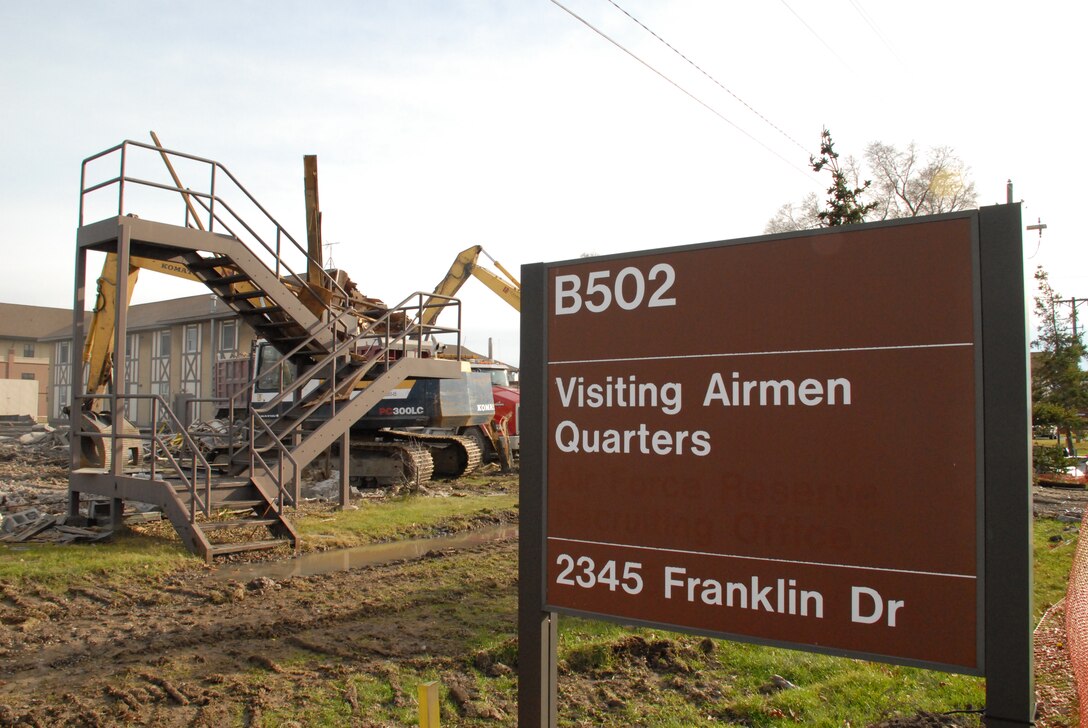 After many years of service at the Niagara Falls Air Reserve Station, NY the Airman's quarters, building 502 and 504 are being demolished by construction crews on December 2nd 2009 to make way for the new Community Activities Center.  The new facility is scheduled to break ground later in 2010. (U.S. Air Force photo/Master Sgt. Peter Borys)