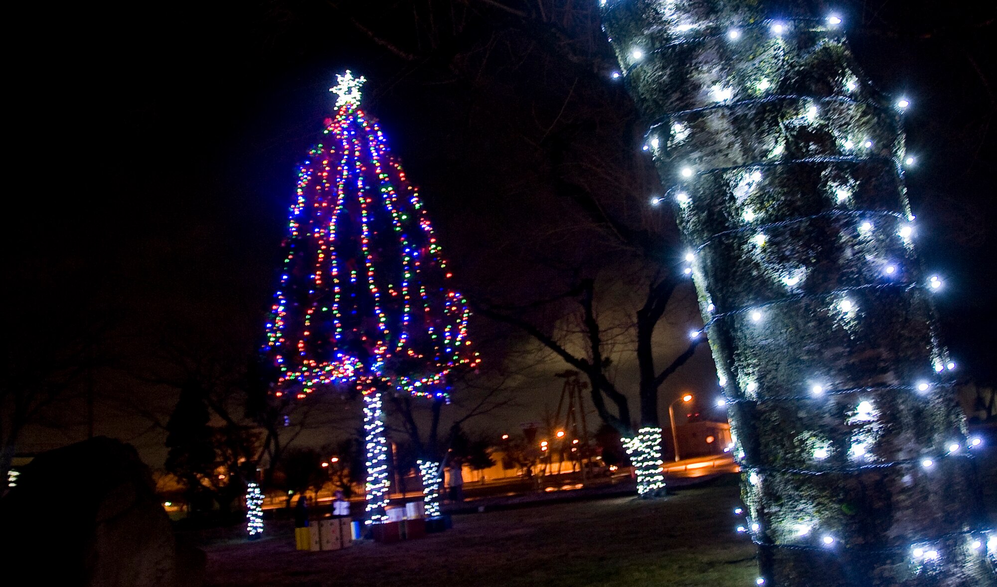 MISAWA AIR BASE, Japan -- Christmas lights glow in Risner Circle during the annual Tree Lighting Ceremony Dec. 4. The Tree Lighting Ceremony is yearly tradition on Misawa Air Base. (U.S. Air Force photo/Staff Sgt. Chad C. Strohmeyer)
