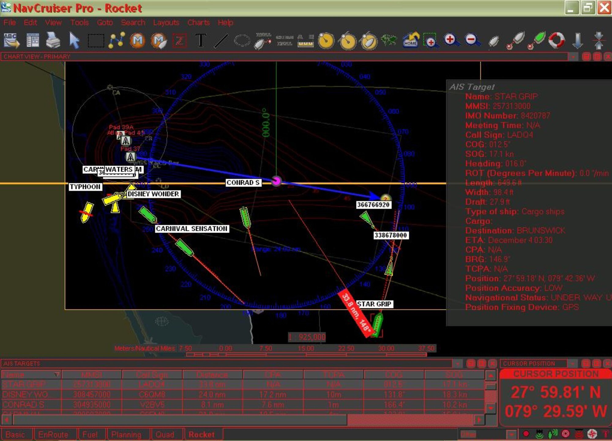 PATRICK AIR FORCE BASE, Fla. - Shown is the Ship Tracking System the rescue pilots from the 920th Rescue Wing use during the rocket and shuttle launches. This software enables the pilots to track ships during the launches - the blue circle is the helicopter range ring, which is 48 miles across - and direct them away from the launch zone, if  needed. (photo/Lt. Col. Robert Haston)