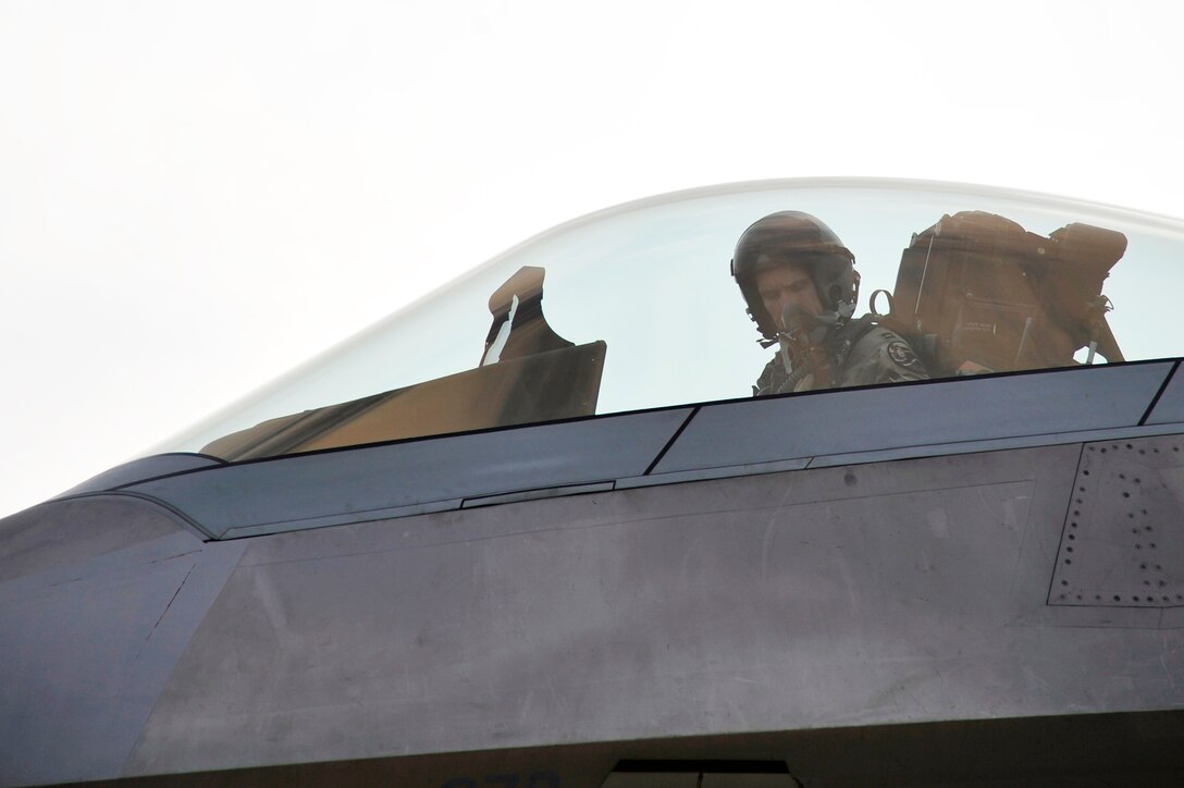 Capt. Blaine Jones, 1st Fighter Wing pilot, prepares to taxi an F-22 Raptor Nov. 30, 2009, at an airfield in Southwest Asia. Captain Jones is participating in the Iron Falcon exercise while on temporary duty from Langley Air Force Base, Va. Captain Howard is from Kingman, Kan. (U.S. Air Force photo/Tech. Sgt. Charles Larkin Sr)