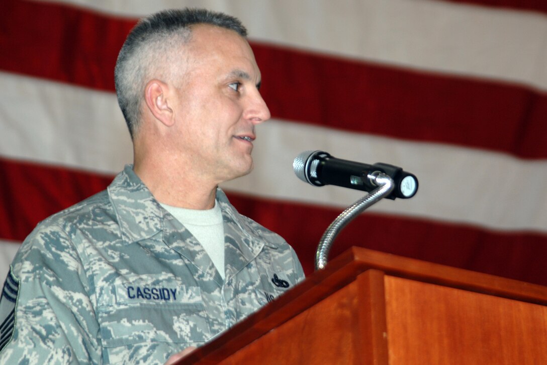 GRISSOM AIR RESERVE BASE, Ind., -- Chief Master Sgt. Kevin Cassidy, quality assurance superintendent for the 434th Maintenance Group, addresses family, friends, coworkers and unit members at a special NCO/SNCO induction ceremony.  Cassidy was recently promoted to the rank of chief master sergeant. (U.S. Air Force photo/Tech. Sgt. Doug Hays)