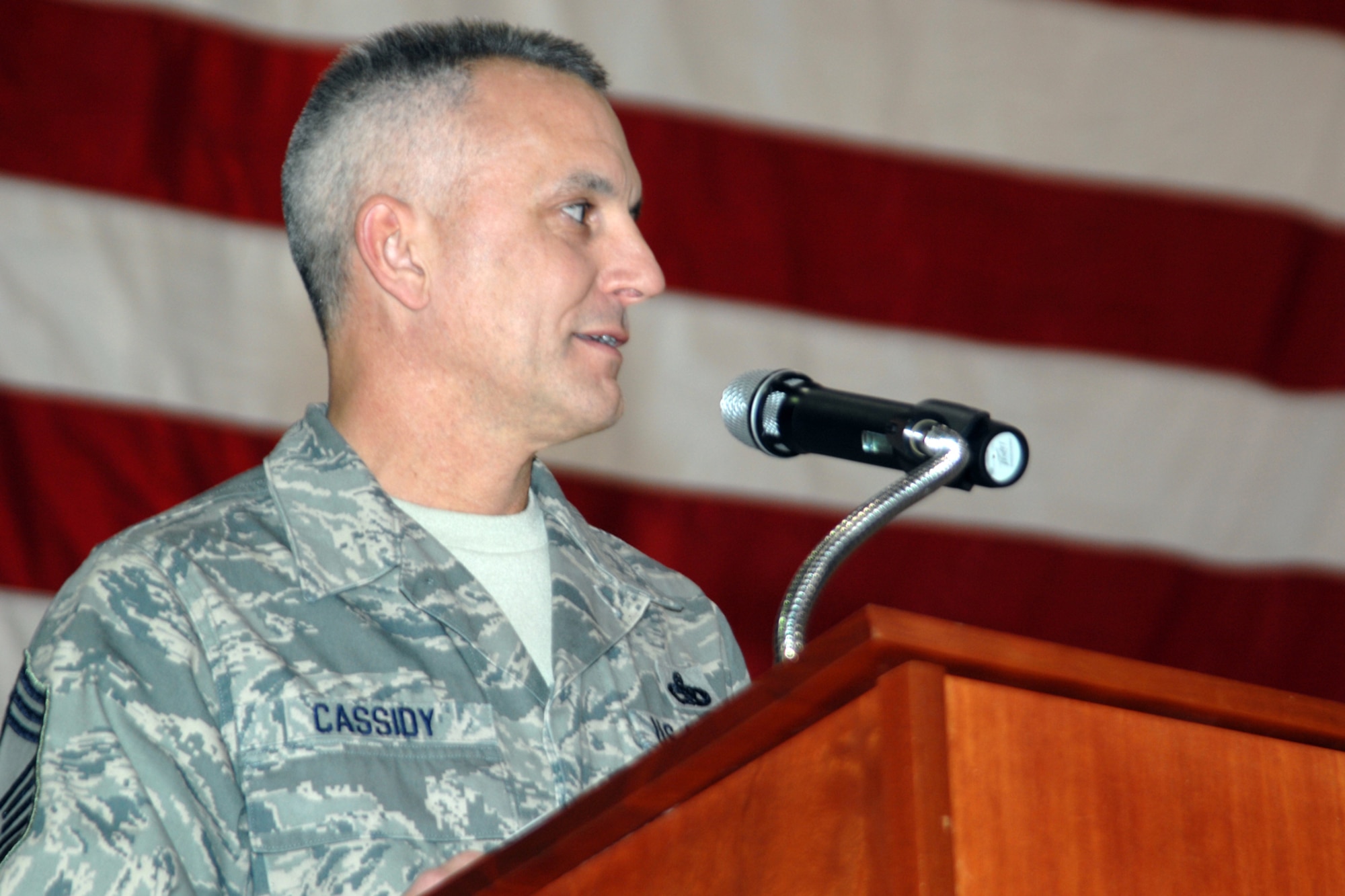 GRISSOM AIR RESERVE BASE, Ind., -- Chief Master Sgt. Kevin Cassidy, quality assurance superintendent for the 434th Maintenance Group, addresses family, friends, coworkers and unit members at a special NCO/SNCO induction ceremony.  Cassidy was recently promoted to the rank of chief master sergeant. (U.S. Air Force photo/Tech. Sgt. Doug Hays)