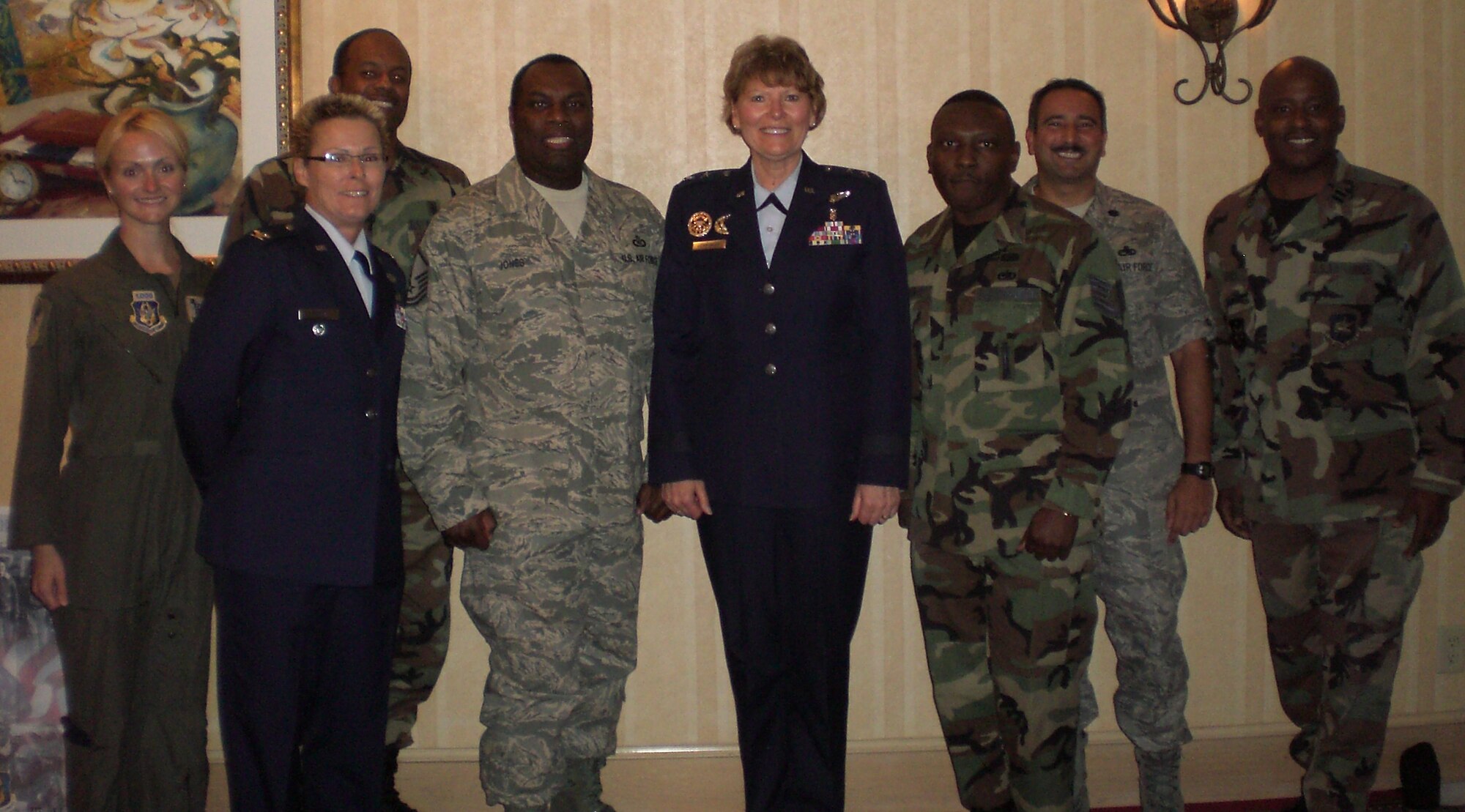 ATLANTA - The Human Resources Development Council workshop convened in Atlanta, Ga., October. (l-r) Tech. Sgt. Jennifer Drake, 39th Rescue Squadron; Col. Sandra Opeka, 10th AF; Maj. Leroy Richardson, 920th Aeromedical Squadron; Master Sgt. George Jones, 39th Rescue Squadron; Major Gen. Linda Hemminger, JCS; Tech. Sgt. Derrick McLamore, 920th Rescue Wing; Lt. Col. Augusto Casado, 920th Maintenance Commander and Capt. Arthur Tigney, 943rd Davis Monthan. (U.S. Air Force Photo)