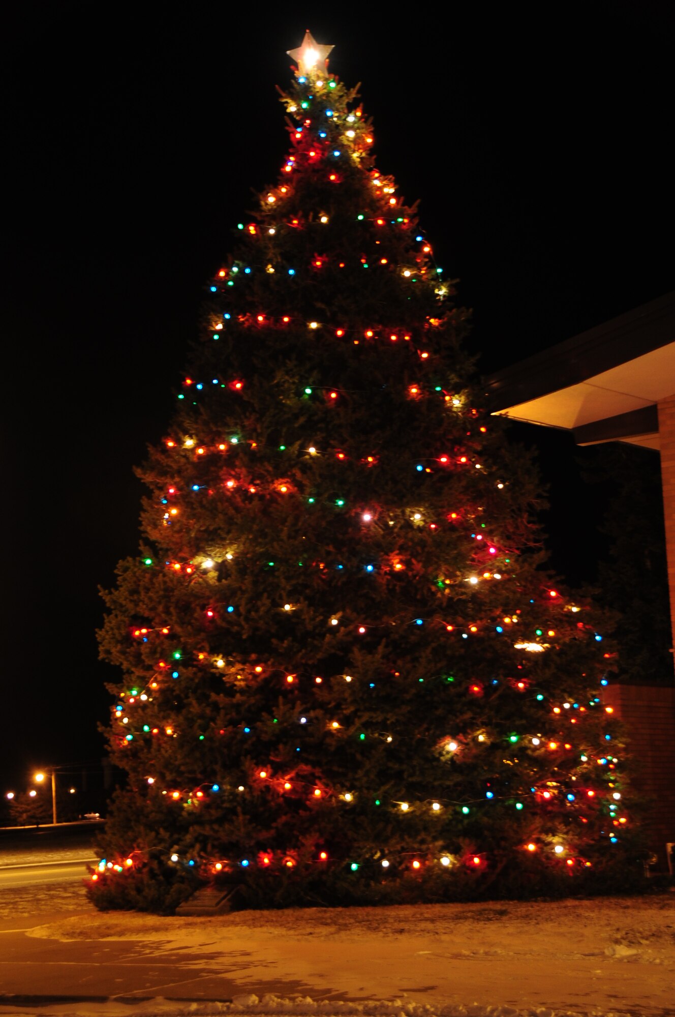 ELLSWORTH AIR FORCE BASE, S.D. -- The base tree lights up the cold winter night during the annual tree-lighting ceremony, Dec. 3.  During the ceremony the combined chapel choir sang Christmas songs, and the children were visited by Santa Claus. (U.S. Air Force photo/Airman 1st Class Anthony Sanchelli)