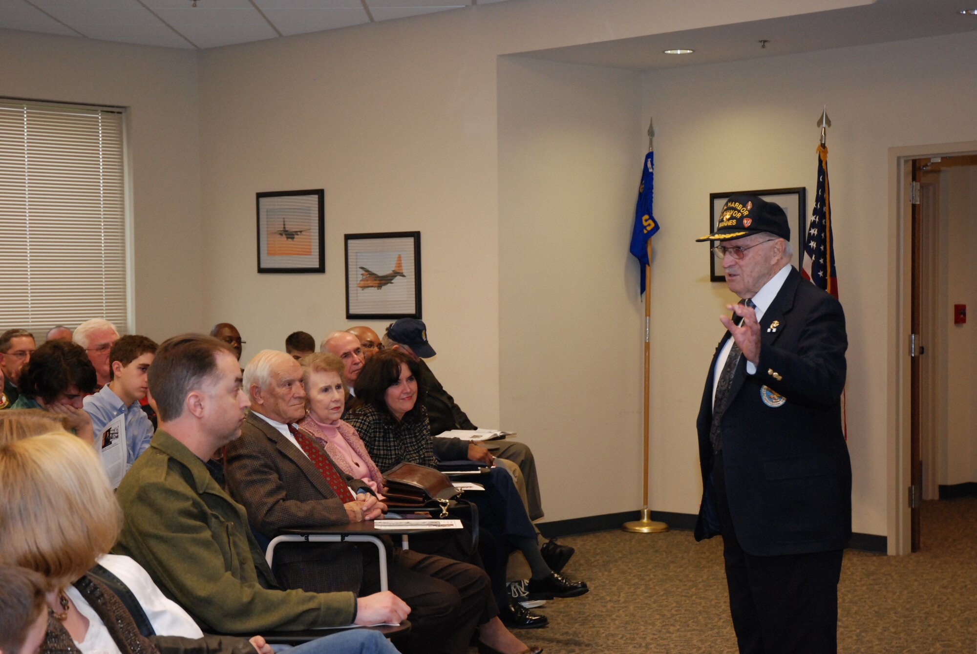 Mack Abbott was the guest speaker at the 700th Airlift Squadron’s Air Warrior Briefing on Sunday, Dec. 6 during the 94th Airlift Wing’s drill weekend. 

Mr. Abbott, a Pearl Harbor survivor, shared his experiences of the Pearl Harbor attack and his service in the Pacific during World War II to an audience of nearly 100 attendees—civilian and military.   (U.S. Air Force photo/Master Sgt. Stan Coleman)