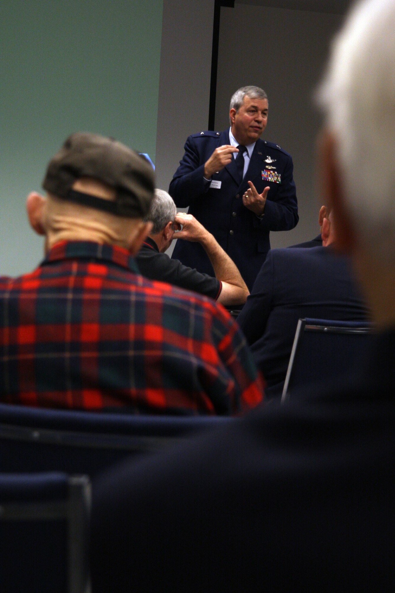 INDIANAPOLIS -- Brig. Gen. Dean Despinoy, 434th Air Refueling Wing commander discusses current operations at Grissom Air Reserve Base during a presentation for the Reserve Officers Association at a military appreciation day held at the Defense Finance and Accounting Service.  The day-long event included special guest speakers and an information fair. . (U.S. Air Force photo/Tech. Sgt. Mark Orders-Woempner)