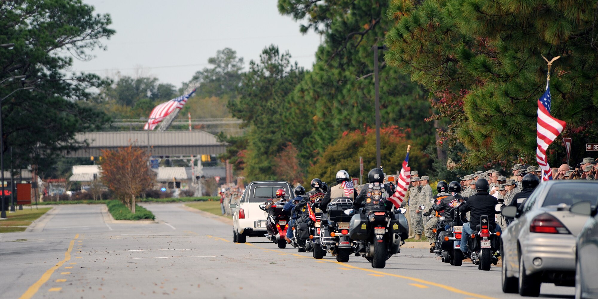 Patriot Guard Riders follow a hearse carrying Army Staff Sgt Briand T. Williams, a fallen Solider from Fort Benning, Ga., Dec. 3, 2009, at Moody Air Force Base, Ga. Sergeant Williams who is from Sparks, Ga., joined the Army seven years ago. (U.S. Air Force photo/Airman 1st Class Joshua Green)