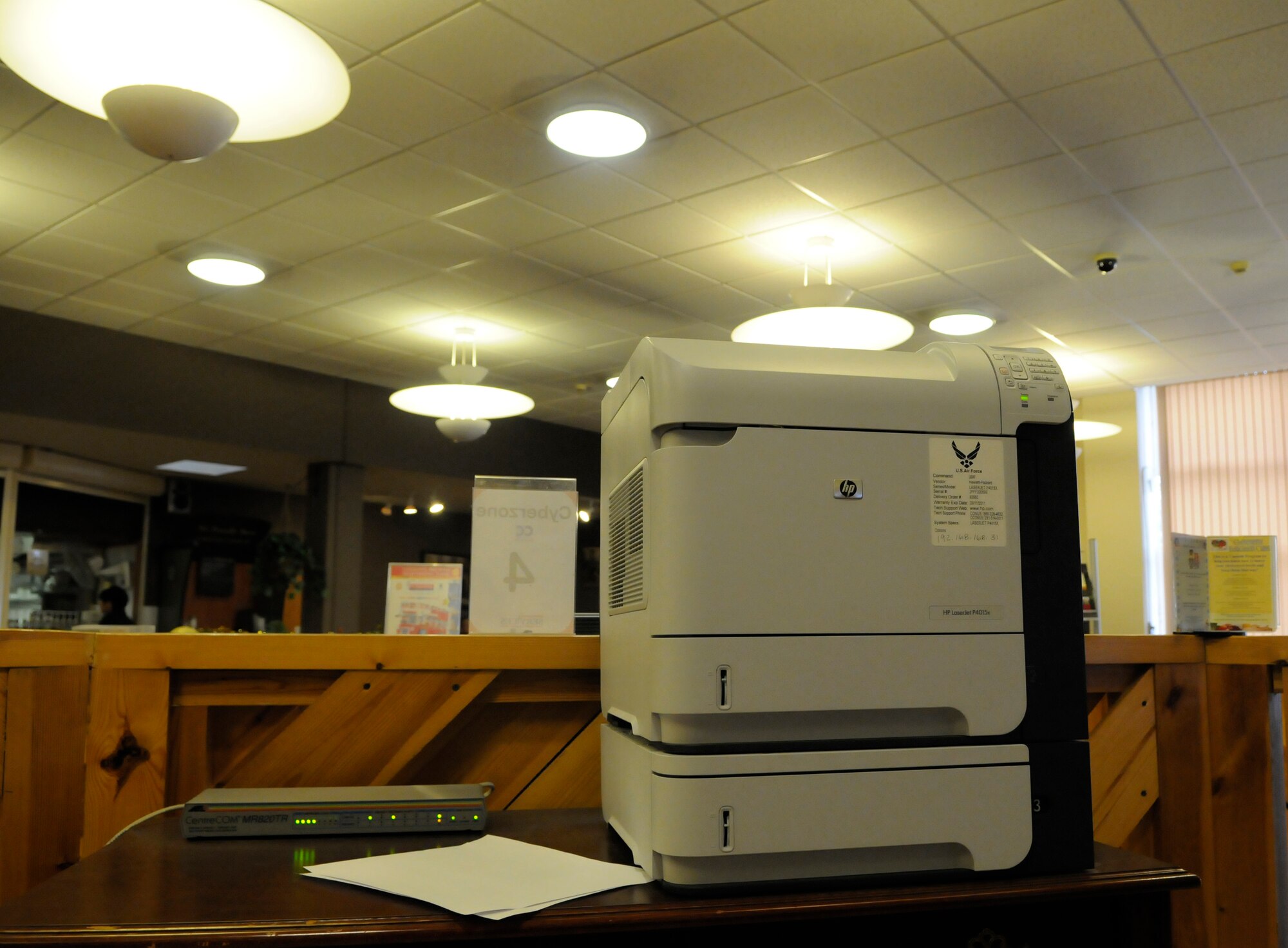 RAF MILDENHALL, England -- A new printer, bought after a recommendation through an Air Force Smart Operations for the 21st century survey, is used to print documents from public-use computers at the Bob Hope Community Center.  The printer is used primarily for new people who have arrived on the base and have a need to print documents such as directions to housing or leave and earnings statements.  (U.S. Air Force photo/Staff Sgt. Christopher L. Ingersoll)