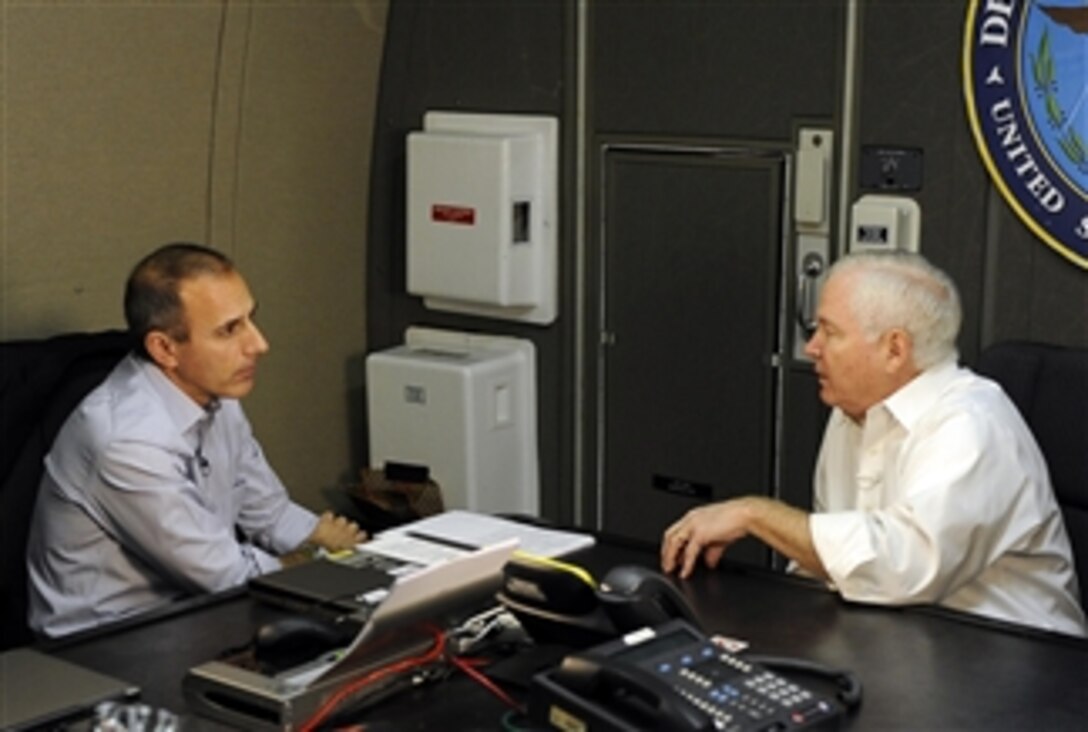 Secretary of Defense Robert M. Gates (right) is interviewed by "Today Show" host Matt Lauer while en route to Kabul, Afghanistan, on Dec. 7, 2009.  Gates is on his first trip back to southwest Asia after President Obama decided to send an additional 30,000 troops to the region.  