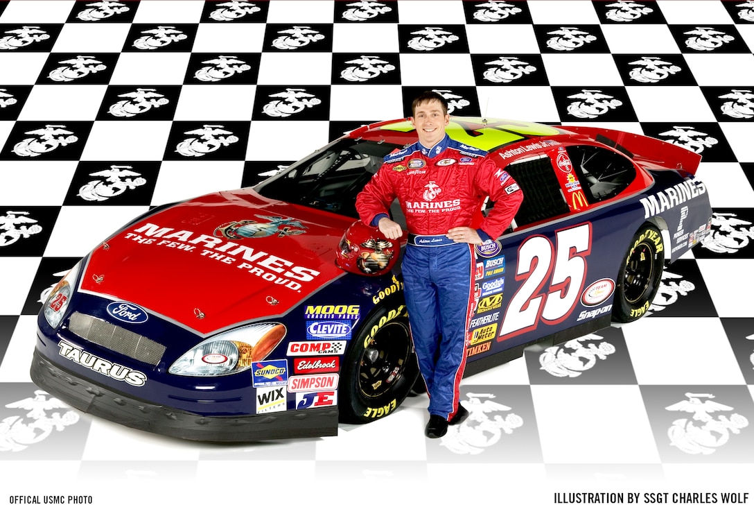 Ashton Lewis, Jr., driver for Team Marines Racing, poses with his #25 Team Marines Ford Taurus.