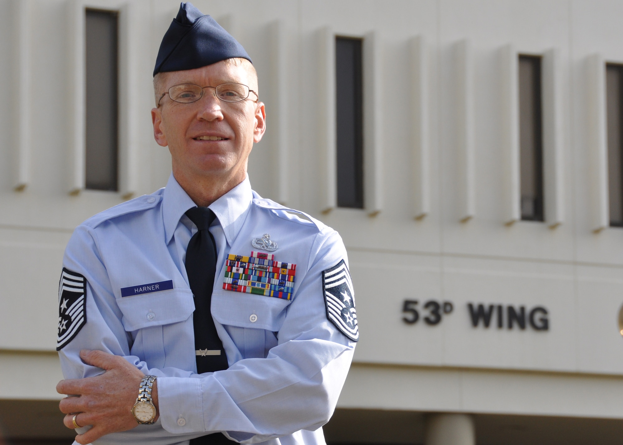 Chief Master Sgt. William Harner is the 53rd Wing's newest command chief.  He hopes to use his world-travelled experience to provide leadership and support for the Airmen of the 53rd Wing.  (Air Force photo/Ashley Wright.)