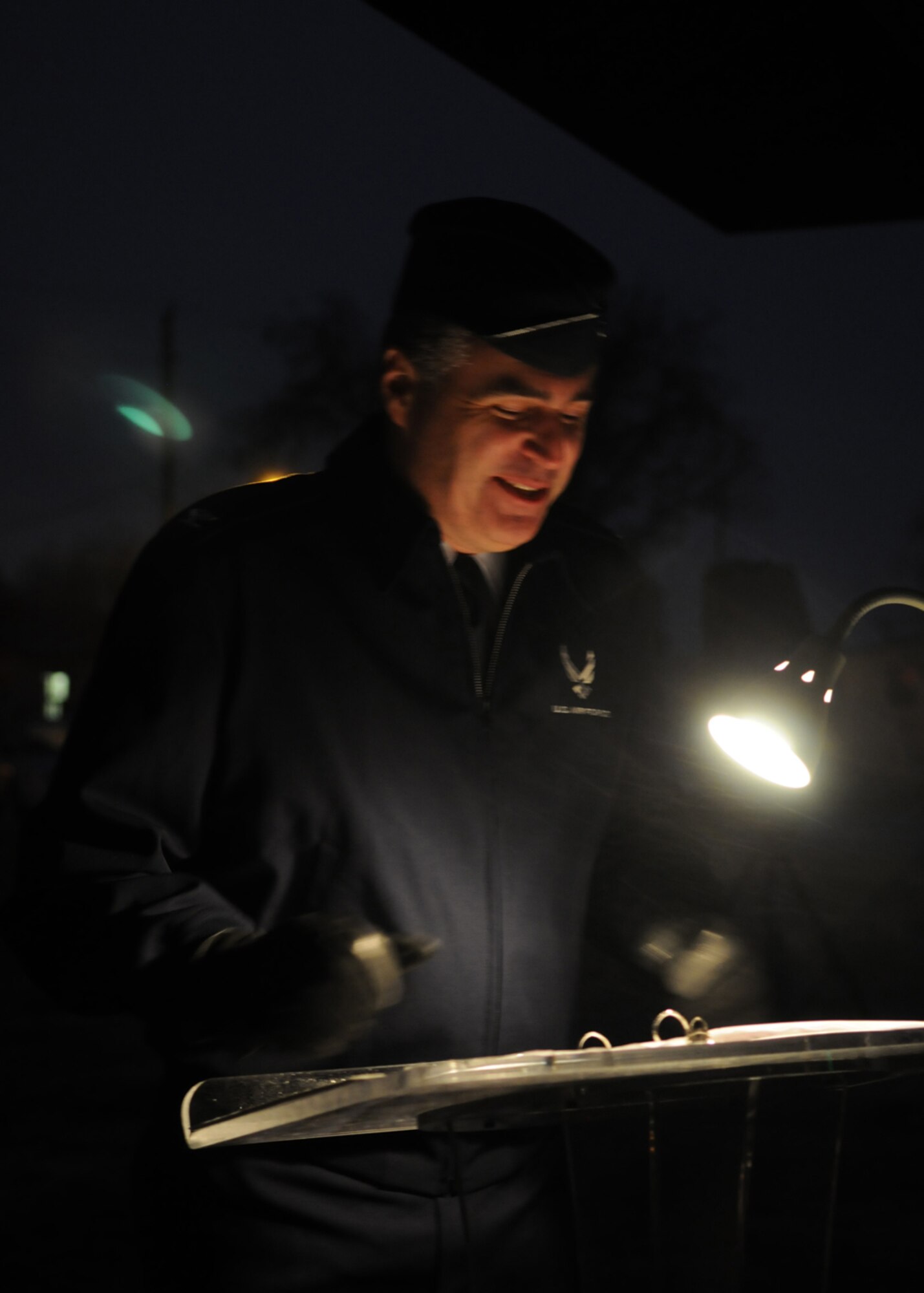 GOODFELLOW AIR FORCE BASE, Texas -- Col. Thomas Geary, 17th Training Wing commander, speaks about community during the annual tree lighting ceremony, Dec. 7, 2009. (U.S. Air Force photo/Airman Clayton Lenhardt)