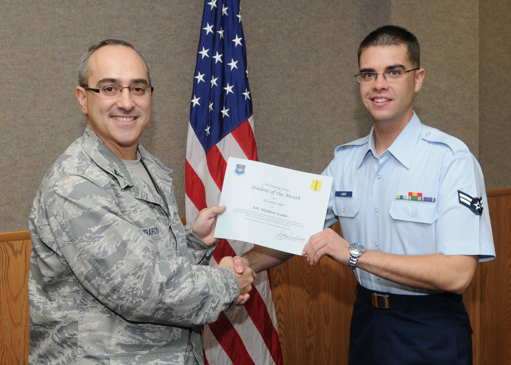 GOODFELLOW AIR FORCE BASE, Texas -- Airman 1st Class Matthew Lueke, 315th Training Squadron enlisted student of the month, Dec. 4, 2009. (U.S. Air Force photo/Airman Clayton Lenhardt)
