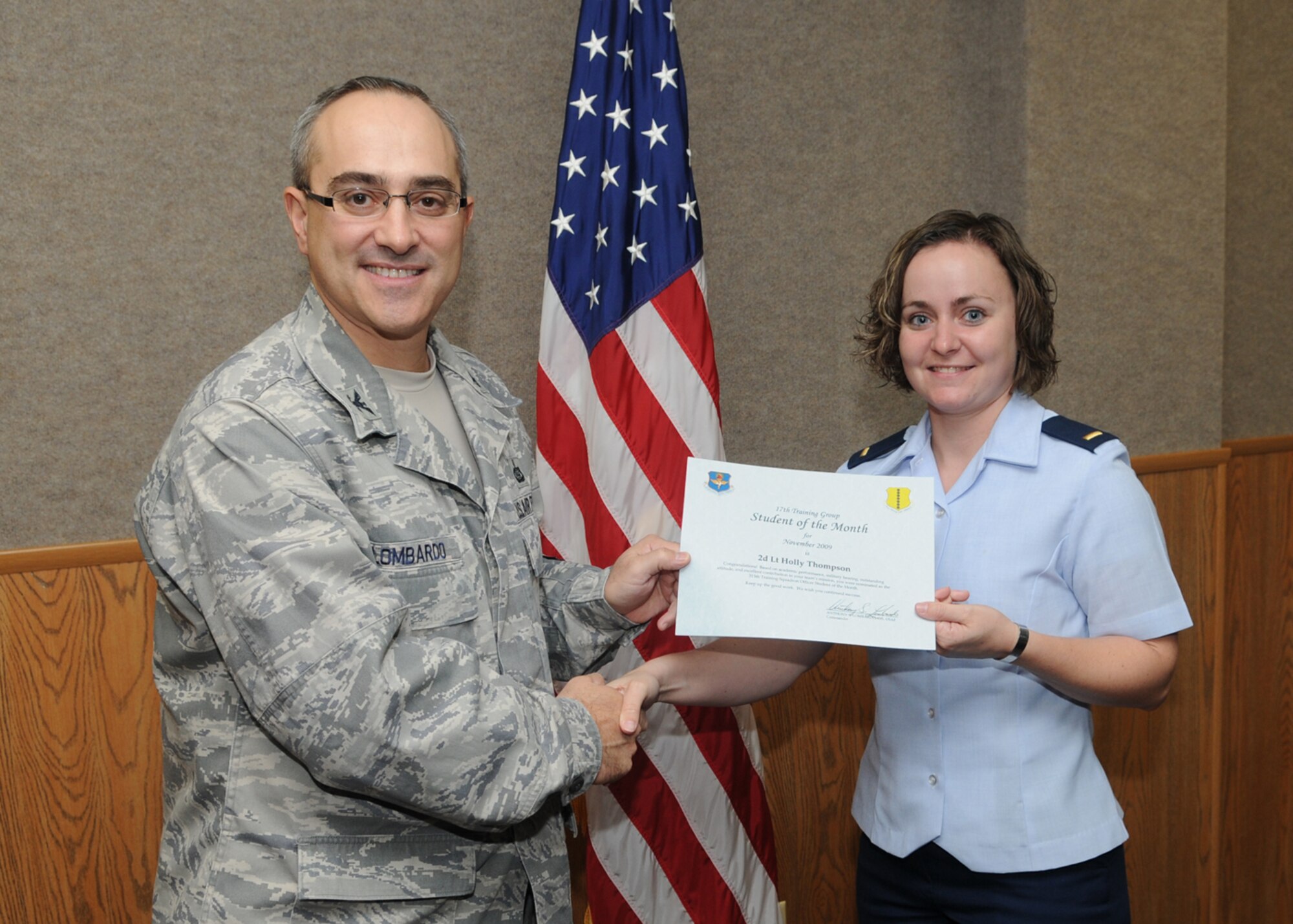 GOODFELLOW AIR FORCE BASE, Texas -- 2nd Lt. Hollt Thompson, 315th Training Squadron officer student of the month, Dec. 4, 2009. (U.S. Air Force photo/Airman Clayton Lenhardt)
