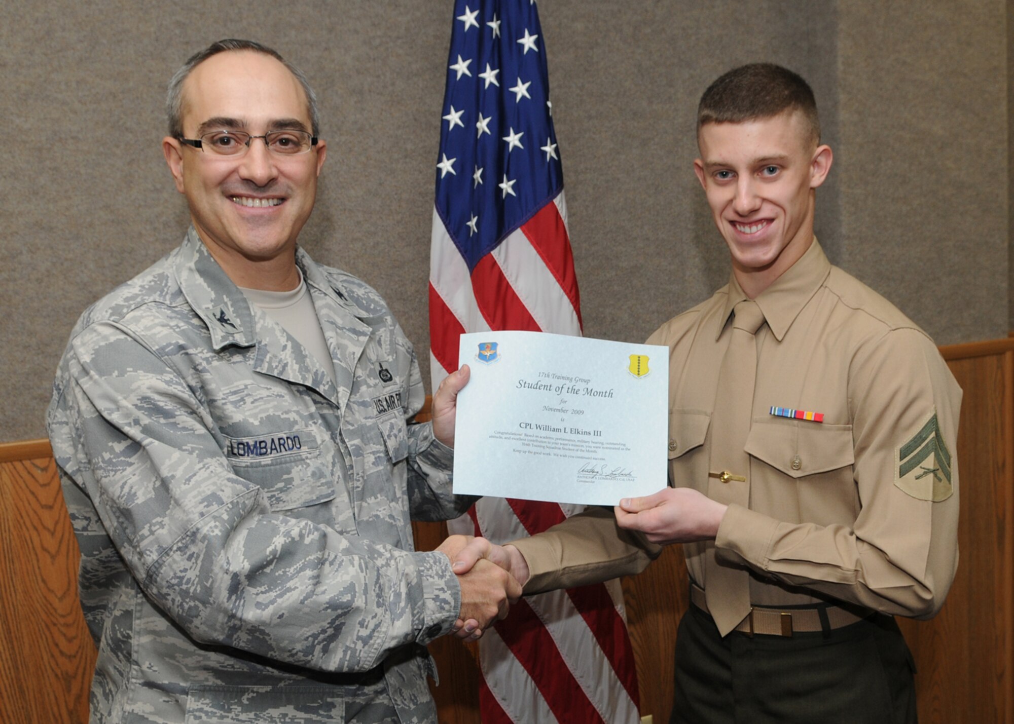 GOODFELLOW AIR FORCE BASE, Texas -- Marine Corps Cpl. William Elkins III, 316th Training Squadron student of the month, Dec. 4, 2009. (U.S. Air Force photo/Airman Clayton Lenhardt)
