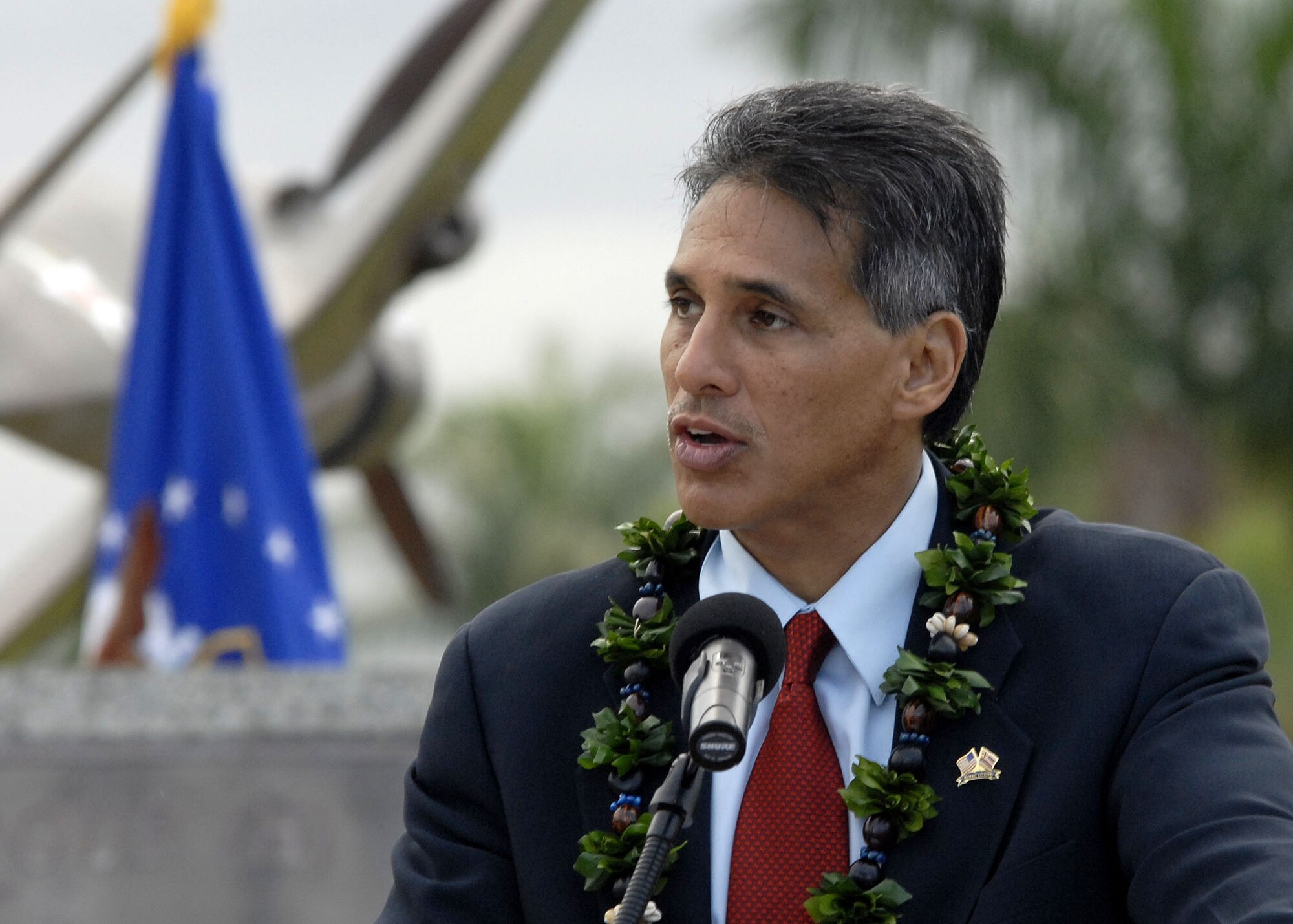 James Aiona, Lt. Governor of Hawaii,speaks to survivors, Hickam airmen, friends and family members of the victims of the Dec. 7, 1941 attacks on Hickam Air Field, during a remembrance ceremony Dec. 7 at Hickam Air Force Base, Hawaii. The ceremony marked the 68th anniversary of the Japanese attack on Pearl Harbor and Hickam Air Field, and paid tribute the Airmen who were attacked and died on that tragic day. (U.S. Air Force photo/Tech. Sgt. Jerome S. Tayborn)