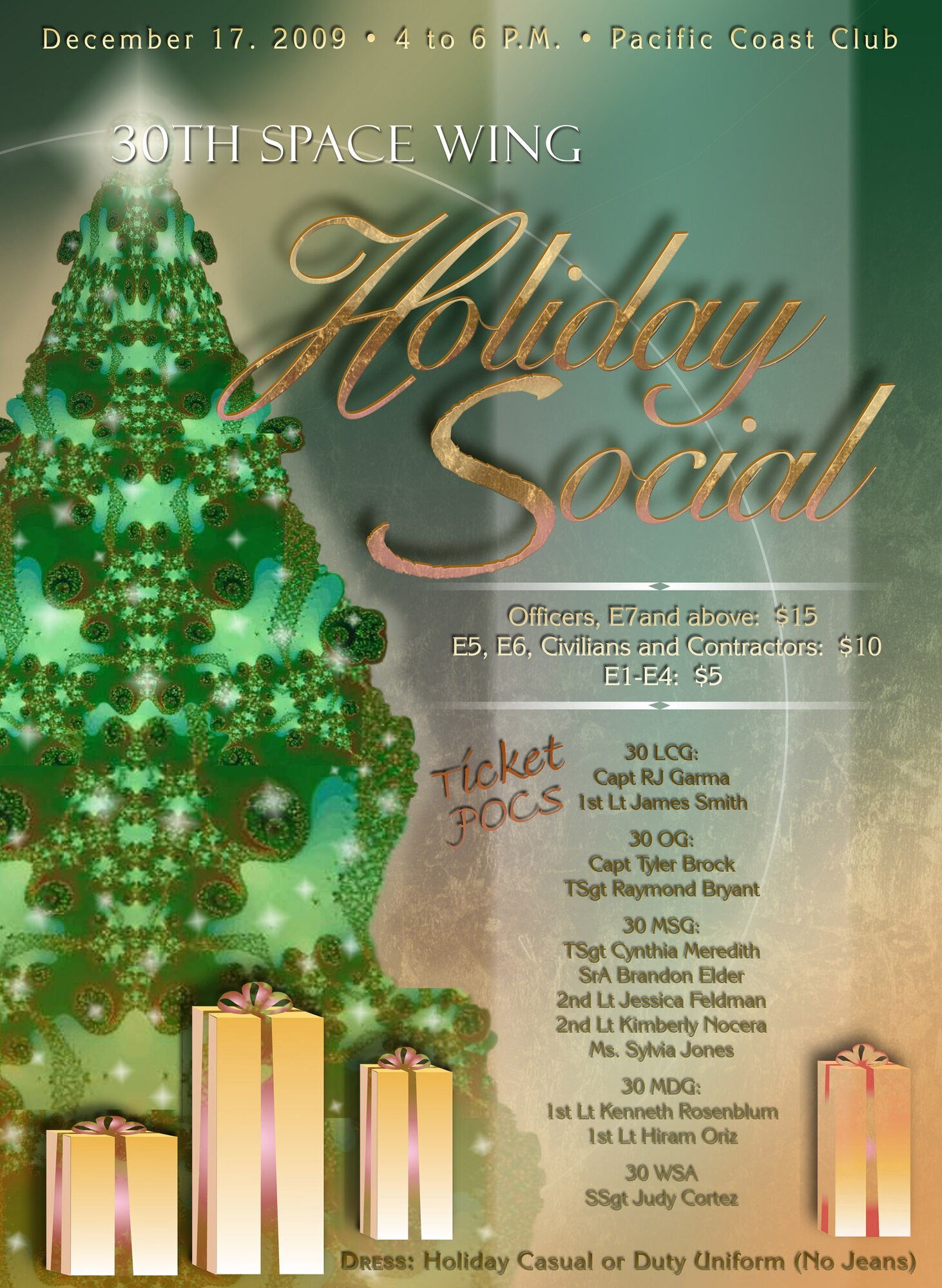 VANDENBERG AIR FORCE BASE, Calif. -- The 30th Space Wing will hold a holiday social from 4 - 6 p.m. Dec. 17 at the Pacific Coast Club here. (Courtesy graphic)