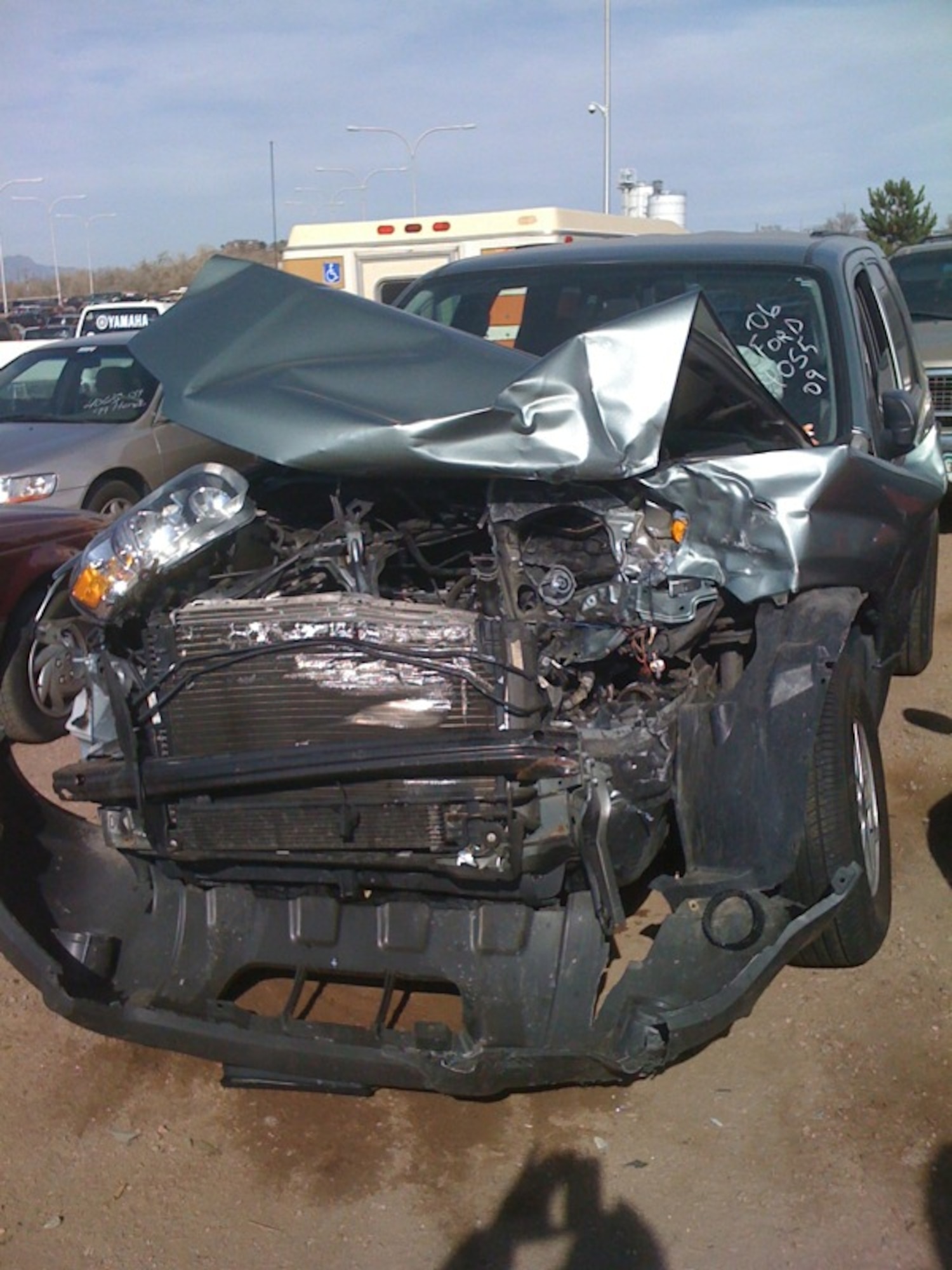 The remnants of the vehicle belonging to Rex Jones, 21st Space Wing Equal Opportunity, following a head-on collision that occurred in Colorado Springs Nov. 5. Although Mr. Jones was parked at the time of the accident, he was still wearing his seatbelt which kept him from sustaining serious injuries. (Air Force photo by Rex Jones) 