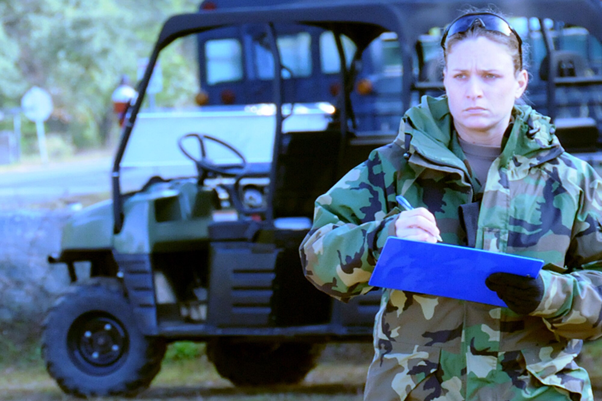 EGLIN AIR FORCE BASE, Fla. -- An evaluator observes and ensures proper procedures are taken during a major accident response exercise, Dec. 7, at the Naval Explosive Ordnance Disposal School. The event simulated an accident where a truck carrying C-4 explosives careens into a bus filled with Soldiers. The NAVEOD School performs MAREs annually to examine how effective they can respond in the event of a catastrophe while communicating and working with outside emergency agencies. (U.S. Air Force photo/ Airman 1st Class Anthony Jennings)