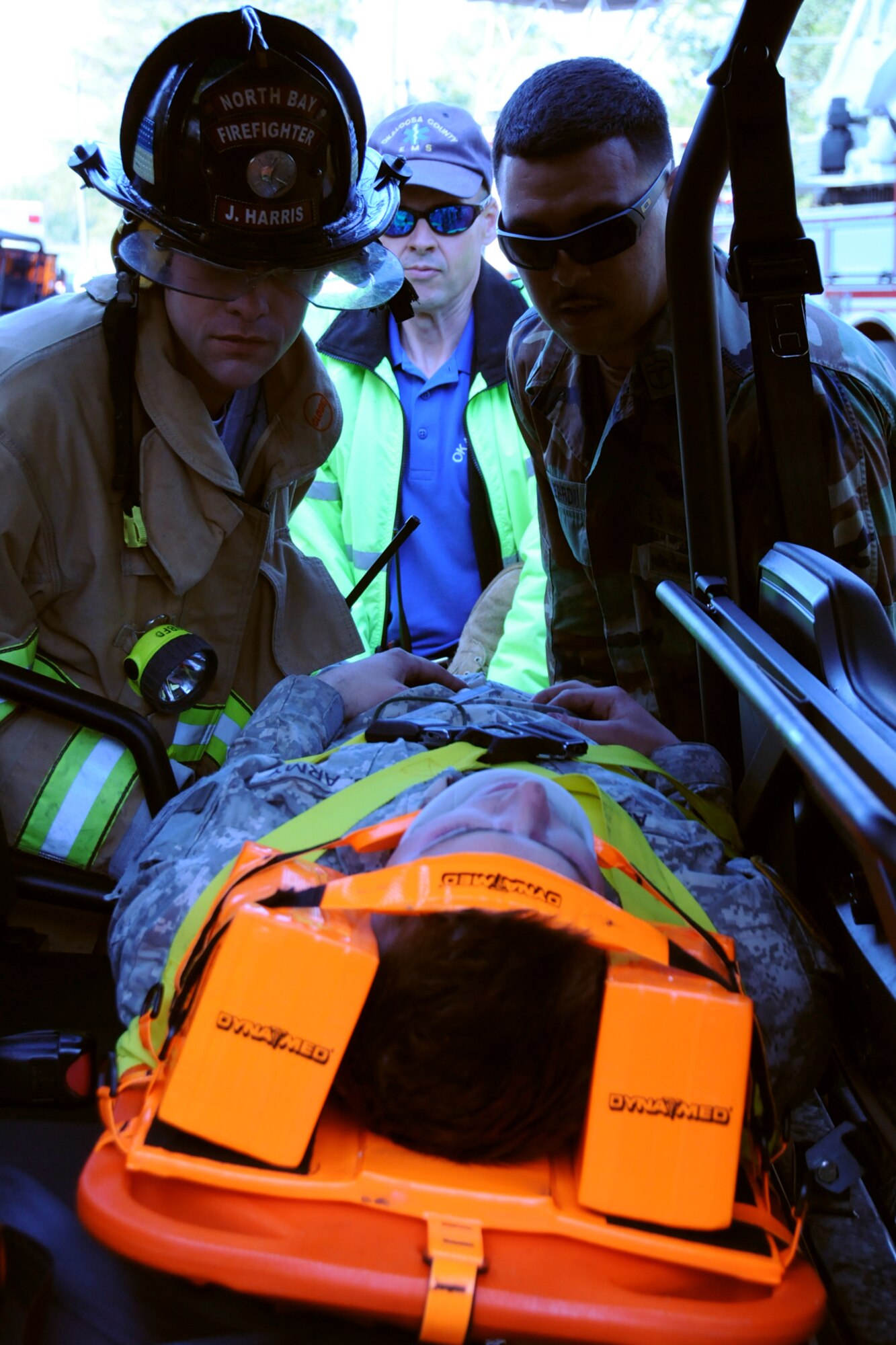 EGLIN AIR FORCE BASE, Fla. – An “injured victim” is loaded on the back of an all-terrain vehicle during a major accident response exercise, Dec. 7, at the Naval Explosive Ordnance Disposal School. The event simulated an accident where a truck carrying C-4 explosives careens into a bus filled with Soldiers. The NAVEOD School performs MAREs annually to examine how effective they can respond in the event of a catastrophe while communicating and working with outside emergency agencies. (U.S. Air Force photo/ Airman 1st Class Anthony Jennings)