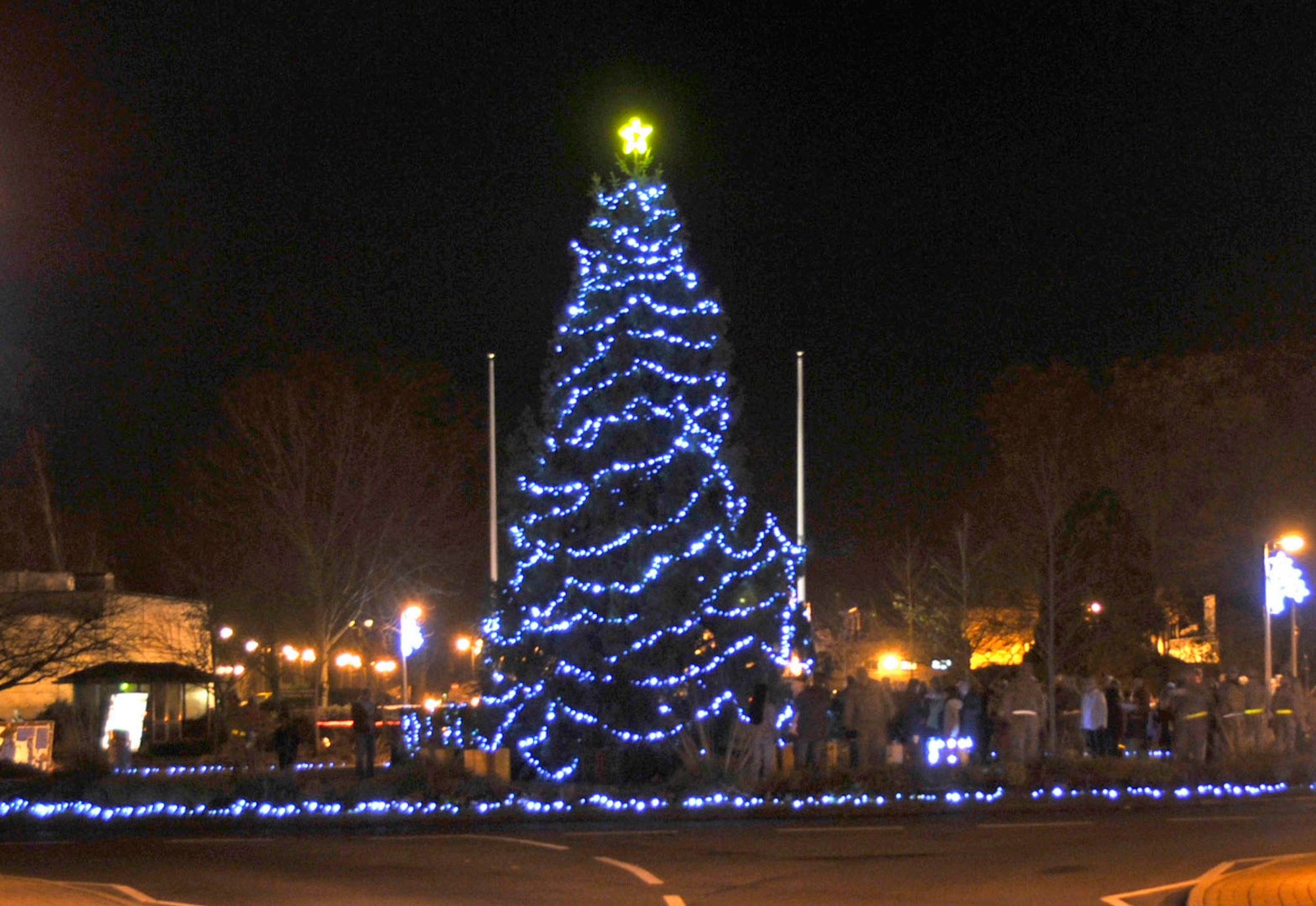 The RAF Lakenheath Christmas tree was lit during a ceremony Dec. 4.  The event presided by 48th Fighter Wing Commander Col. Jay Silveria, kicked off the holiday season for Lakenheath.   (U.S. Air Force photo Tech. Sgt. Christopher Campbell)
