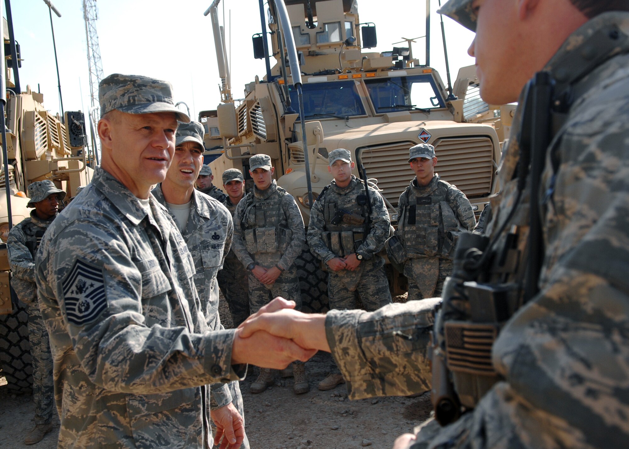 JOINT BASE BALAD, Iraq -- Chief Master Sgt. of the Air Force James Roy meets with Airmen from the 532nd Expeditionary Security Forces Squadron during a visit Dec. 4, 2009. The trip was Chief Roy's first visit to Joint Base Balad as the chief master sergeant of the Air Force. (U.S. Air Force photo/Senior Airman Christopher Hubenthal)