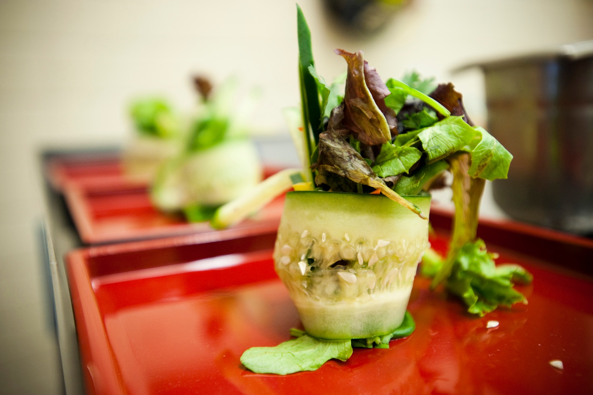 MISAWA AIR BASE, Japan -- Team Diversity's miniature salads wrapped with cucumber line plates destined for judging at the Grissom Dining Facility Iron Chef Competition Dec. 4. The two teams were required to serve a main dish and side dish or appetizer. (U.S. Air Force photo/Staff Sgt. Samuel Morse)