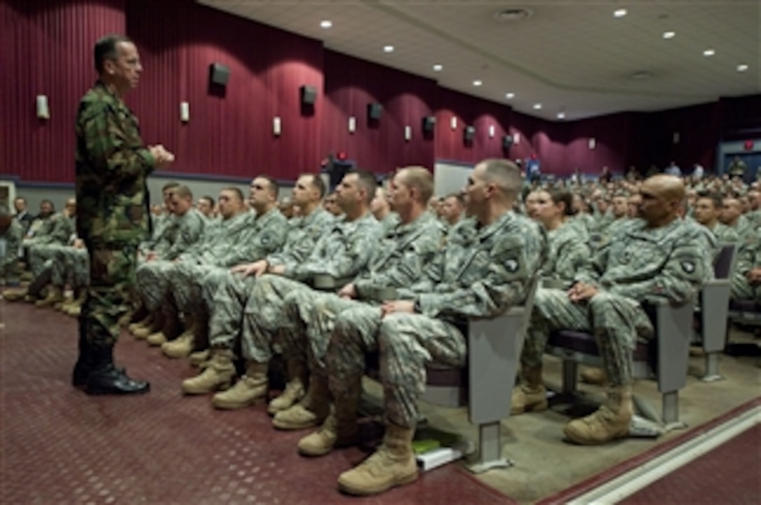 Chairman of the Joint Chiefs of Staff Adm. Mike Mullen, U.S. Navy, speaks to soldiers assigned to the 101st Airborne Division at Fort Campbell, Ky., on Dec. 7, 2009.  Mullen traveled to visit the unit that is due to be one of the first deployed under President Barack Obama's plan to surge 30,000 additional forces in Afghanistan.  