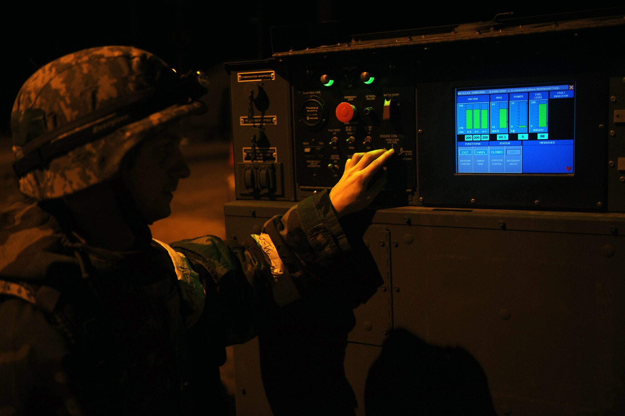 Tech. Sgt. Gerald Dudley, 4th Civil Engineer Squadron power production specialist, checks the generator providing power to tent city during the operational readiness exercise on Seymour Johnson Air Force Base, N.C., Dec. 9, 2009. The generators must be checked to ensure they are working properly and have not malfunctioned. 