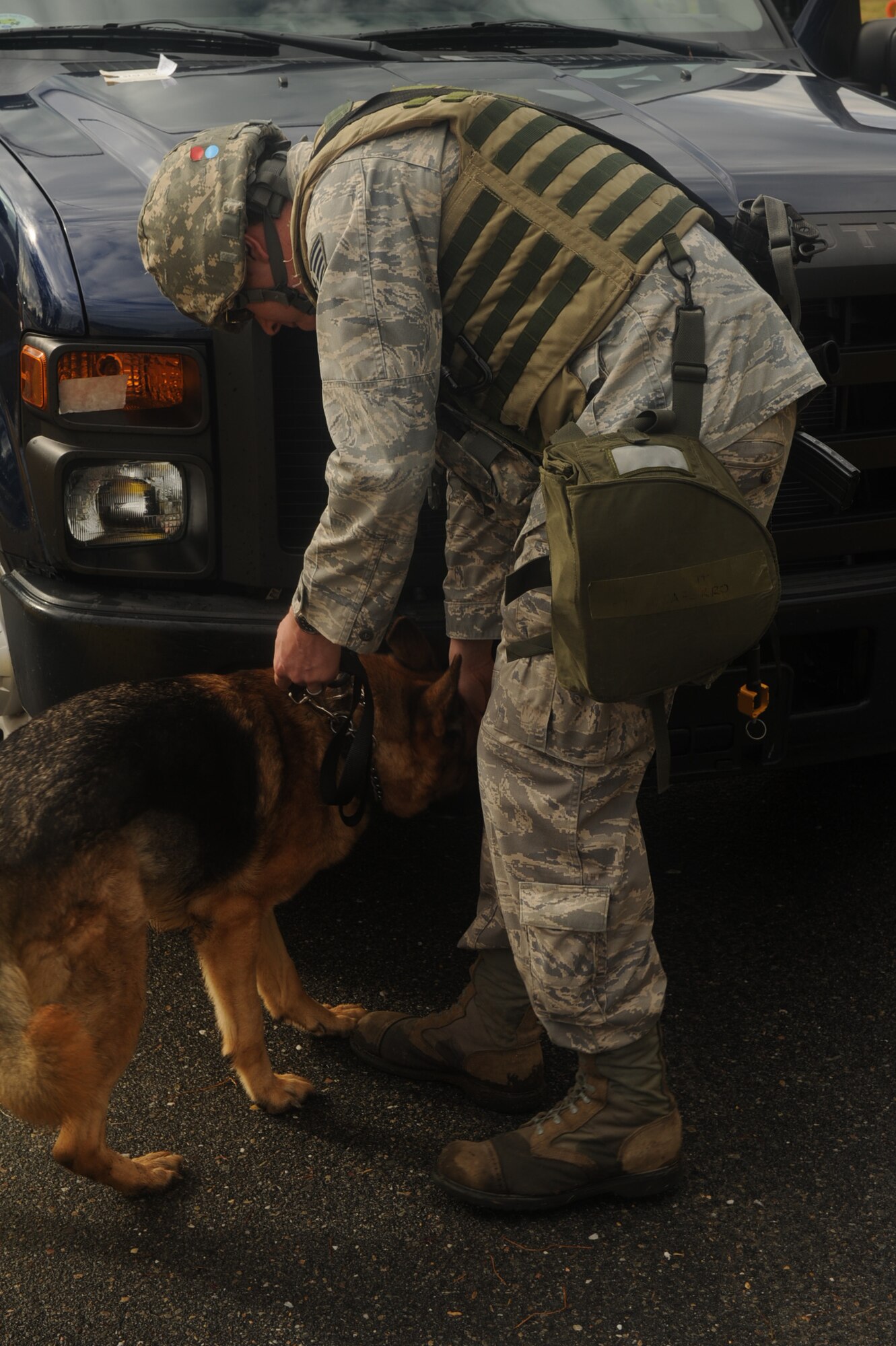 Staff Sgt. David Tagliaferro, 4th Security Forces Squadron sentry doghandler, does a vehicle inspection at tent city on Base X, during a Phase II operational readiness exercise, Dec. 9, 2009. All vehicles coming onto the compound are inspected to ensure no chemicals or weapons enter tent city illegally. (U.S. Air Force photo/Senior Airman Ciara Wymbs) 