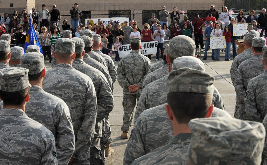 MOODY AIR FORCE BASE, Ga. -- Members of the 822nd Security Forces Squadron stand in formation during a homecoming ceremony here Dec. 8. About 200 members were deployed for six months to Camp Bucca, Iraq. (U.S. Air Force photo by Airman 1st Class Benjamin Wiseman)