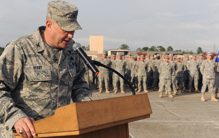 MOODY AIR FORCE BASE, Ga. -- Col. Donald Derry, 820th Security Forces Group commander, speaks to attendees at the 822nd Security Forces Squadron homecoming event here Dec. 8. Approximately 170 members of the 822nd SFS were deployed to Camp Bucca, Iraq, for a six-month deployment. (U.S. Air Force photo by Airman 1st Class Benjamin Wiseman)