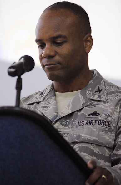 MOODY AIR FORCE BASE, Ga. -- Col. Neal Robinson, 23rd Maintenance Group incoming commander, gives his opening remarks during the 23rd MXG assumption of command ceremony here Dec. 7. Colonel Robinson was formerly the Chief of the Command, control, intelligence, surveillance, reconnaissance division, for Air Combat Command, Langley Air Force Base, Va. (U.S. Air Force photo by Airman 1st Class Joshua Green)