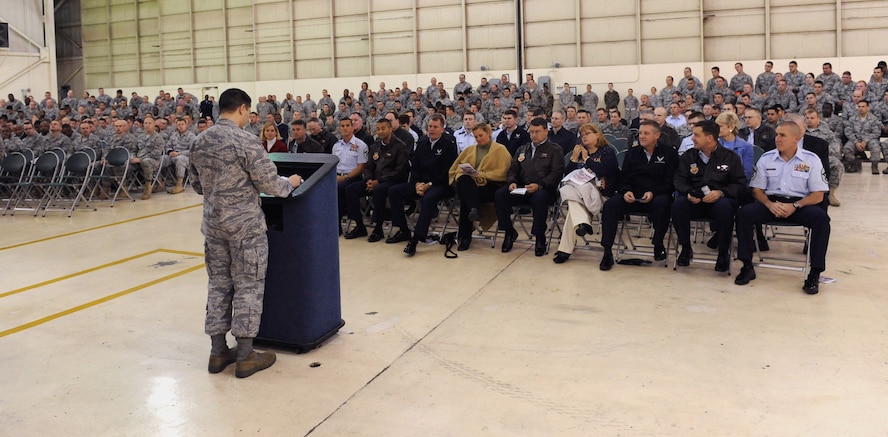 MOODY AIR FORCE BASE, Ga. -- 1st Lt. Richard Desmond, 23rd Maintenance Group executive officer, speaks to the crowd during the 23rd Maintenance Group assumption of command ceremony here Dec. 7. During the ceremony Col. Neal Robinson assumed command of the group. (U.S. Air Force photo by Airman 1st Class Benjamin Wiseman)