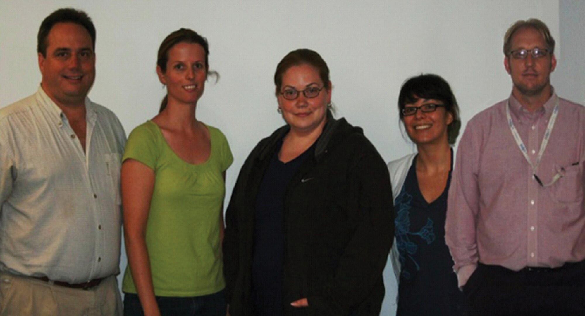 Members of the AFRL 711th Human Performance Wing, Human Effectiveness Directorate, Ophthalmic Imaging and Laser Damage team completed an experiment with important implications to understanding laser-induced effects on biological systems.  Pictured left to right are Dr. Jeff Oliver (AFRL), Dr. Rebecca Vincelette (AFRL), Ms. Aurora Shingledecker (Northrop Grumman Information Technology [NGIT]), Ms. Ginger Pocock (AFRL), and Mr. Kurt Schuster (NGIT).