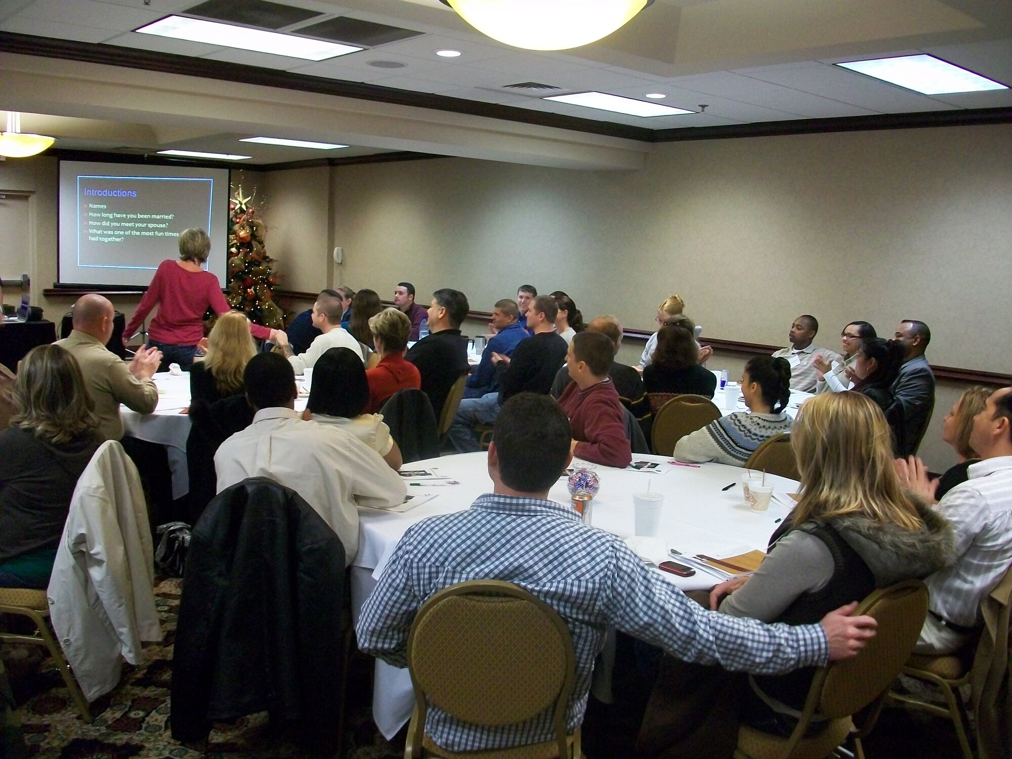The base chapel staff hosted its fourth marriage seminar Dec. 8 for base personnel at the Holiday Inn Presidential, North Little Rock, to help couples reconnect or connect on higher levels of their relationships. The seminar was an interactive day of family development focused on building a strong marriage, managing conflict and giving people the tools needed to have a healthy relationship. (U.S. Air Force photo by Chaplain (Capt.) Jeremy Gorline)