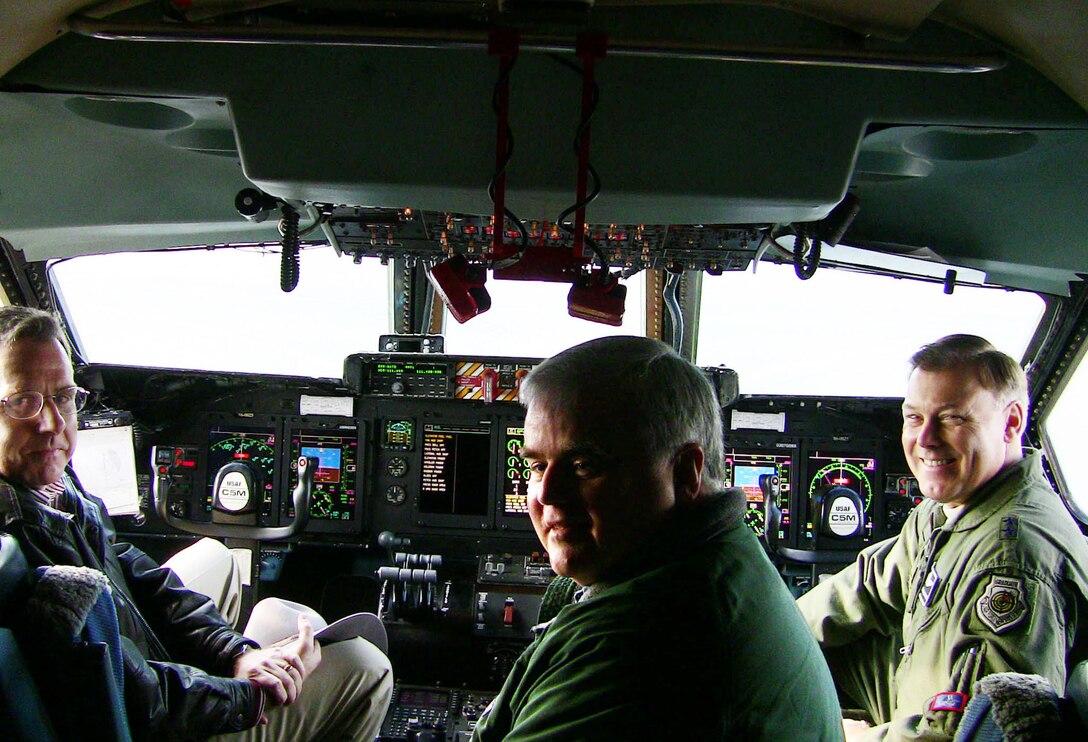 (Left to right) Dr. J. Michael Gilmore, Director of Operational Test and Evaluation, flys on a C-5M sortie Dec. 7 at Dover Air Force Base, Del., with Mr. Mike Crisp, the DOT&E Deputy Director of Air Warfare and Maj. Gen. Stephen T. Sargeant, the Air Force Operational Test and Evaluation Center Commander. The sortie was part of qualification operational test and evaluation being performed on the C-5M aircraft. (Photo by Lt. Col. Robert Griffith)
