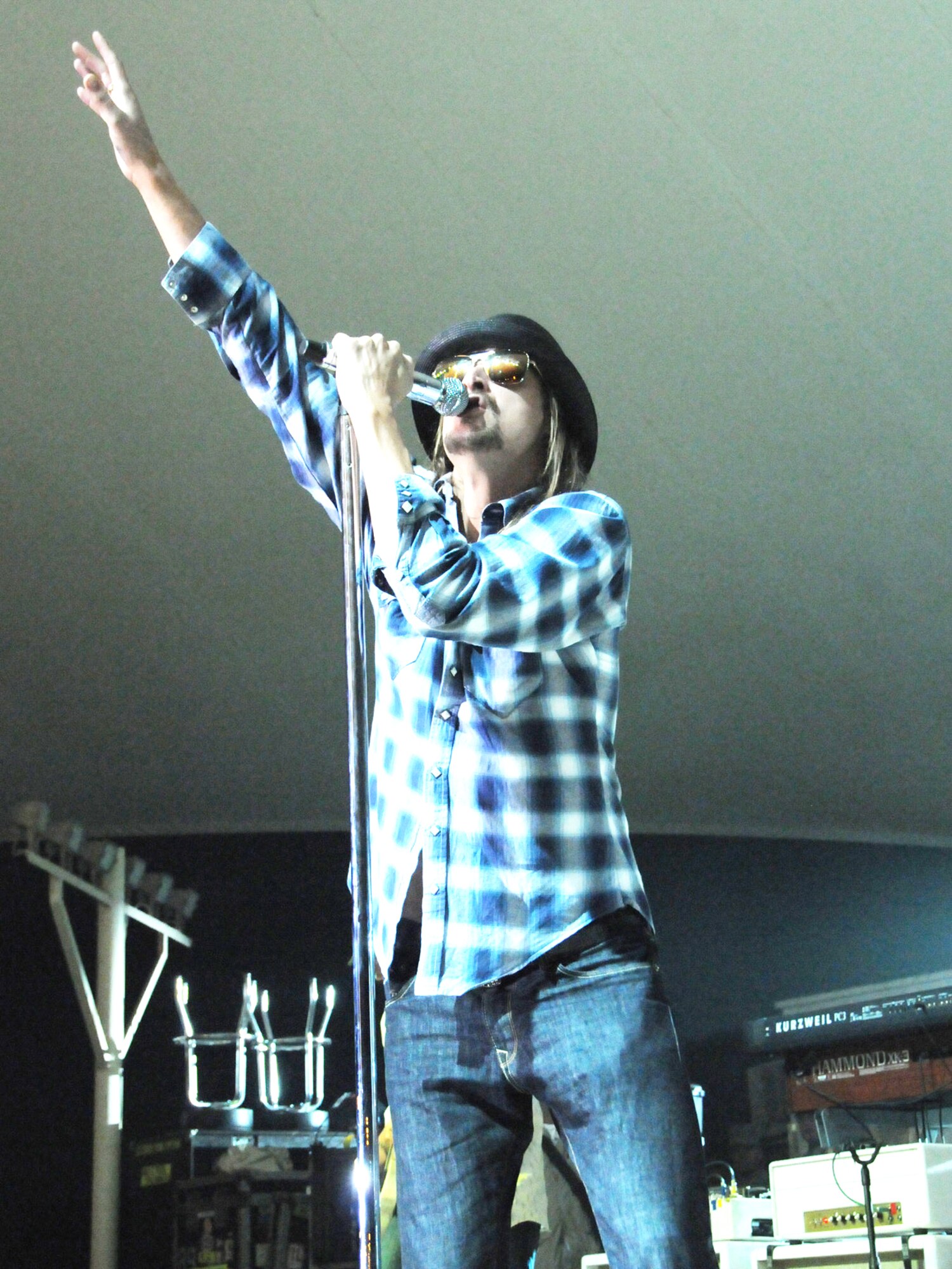 Kid Rock performs for a live audience of deployed servicemembers Dec. 6, 2009 at an airbase in Southwest Asia. Tour for Troops 2009 will visit various deployed locations throughout Southwest Asia and Europe and is sponsored by the Air Force Reserve Command. (U.S. Air Force photo/Tech Sgt. Jason W. Edwards)
