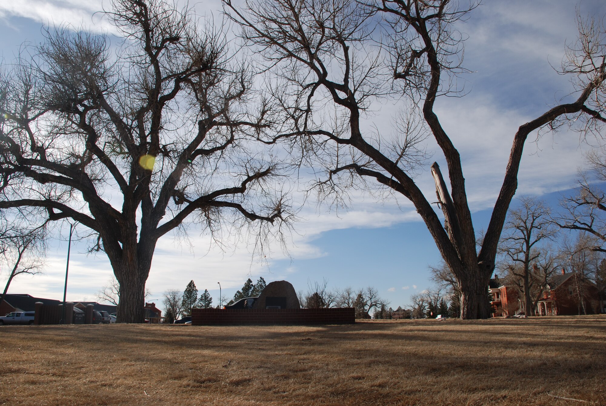 This historic landmark with the two cottonwood trees west of the Warren High plains Chapel symbolizes the original entrance into Fort D.A. Russell, which later became F.E. Warren Air Force Base. (U.S. Air Force photo/Senior Airman Daryl Knee)