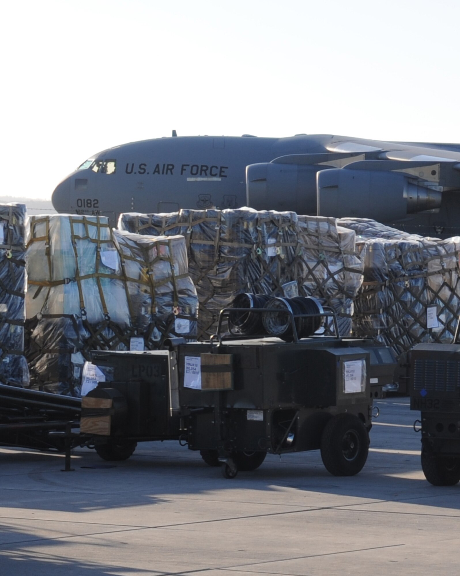Cargo is staged waiting to be weighed during a base exercise, Ramstein Air Base, Germany Dec. 9, 2009.  This exercise is part of the Phase I of the operation readiness exercises to evaluate mission readiness in preparation for real world deployments. (U.S. Air Force photo by Airman 1st Class Caleb Pierce)