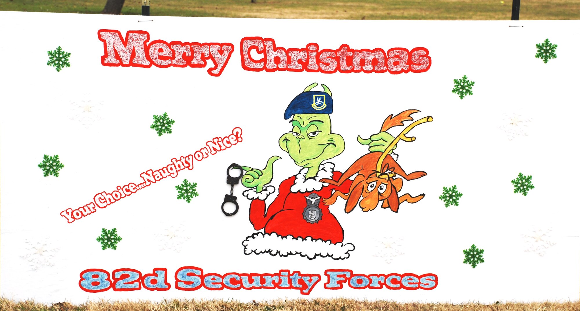 The 82nd Security Forces Squadron received 2ndplace in the Holiday Card Contest Dec. 7. All contest entries are displayed on Avenue E. (U.S. Air Force photo/ Airman 1st Class Valerie Hosea)