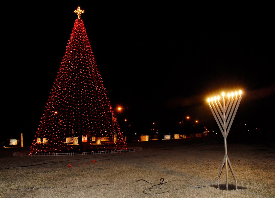 The Sheppard Holiday Tree and the nine candles of the Menorah were lighted Dec. 7 at the corner of Avenue E and 1st Avenue. (U.S. Air Force photo/Harry Tonemah)

