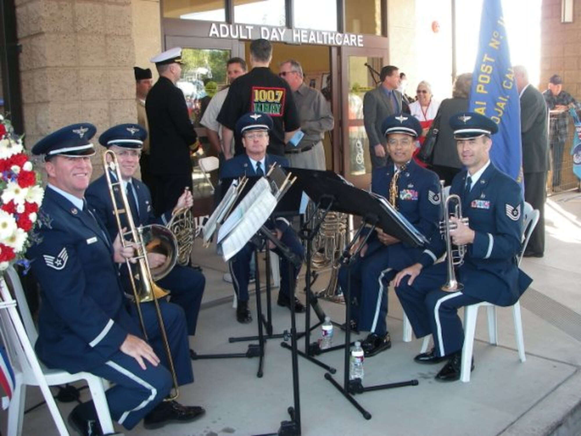 The 562nd Air Force Band, The Air National Guard Band of the Southwest brass quintet performs for Governor Arnold Schwarzenegger and guests at the opening of a new veterans home in Ventura California.