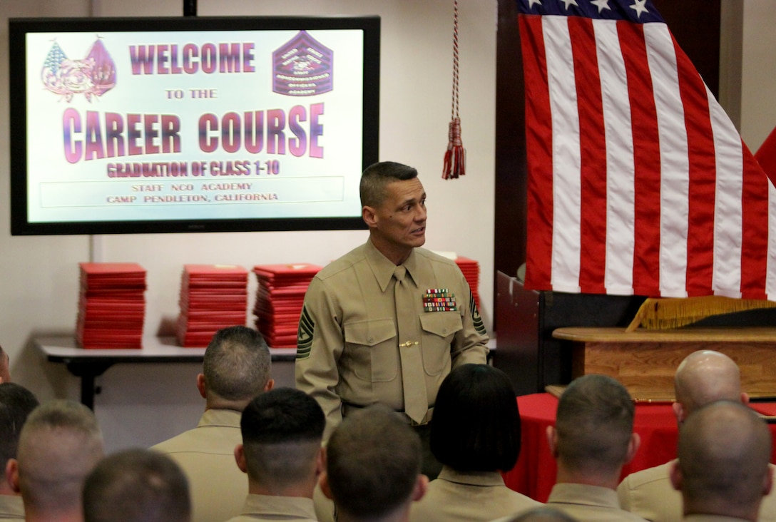 Sgt. Maj. Robert A. Ledferd, director, Staff Noncommissioned Officer Academy, Marine Corps Base Camp Pendleton, gives words of guidance to the graduates of the Staff NCO Academy’s career course, Dec. 9.