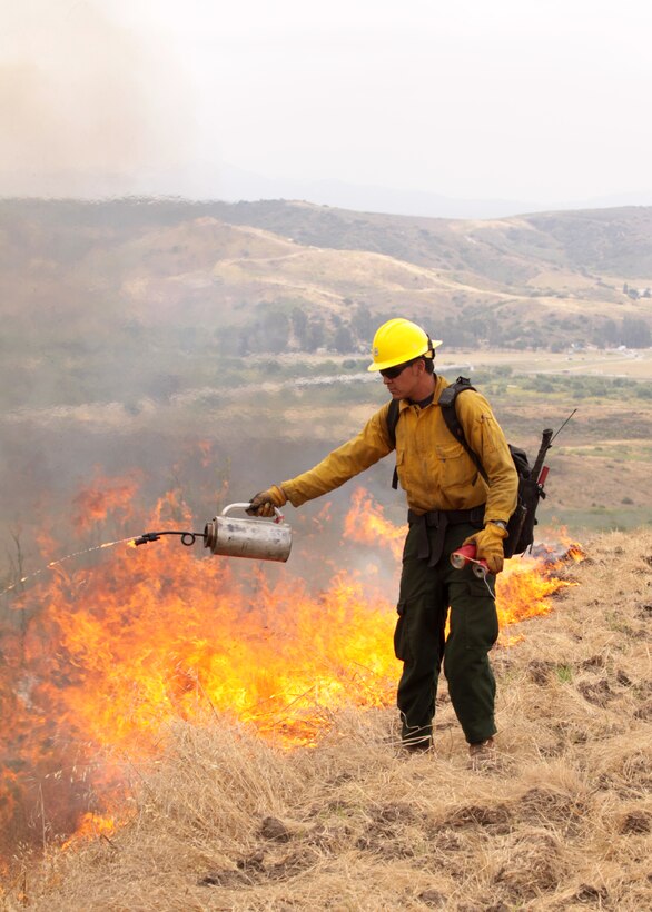 Ray Chavez, a firefighter with the US Forest Service, ignites a fire aboard Camp Pendleton during Fire School June 9. Chavez, along with several other firefighters from multiple different fire services are participating in the two-week, live-fire training, which gives them the opportunity to experience real world scenarios in a more controlled environment.